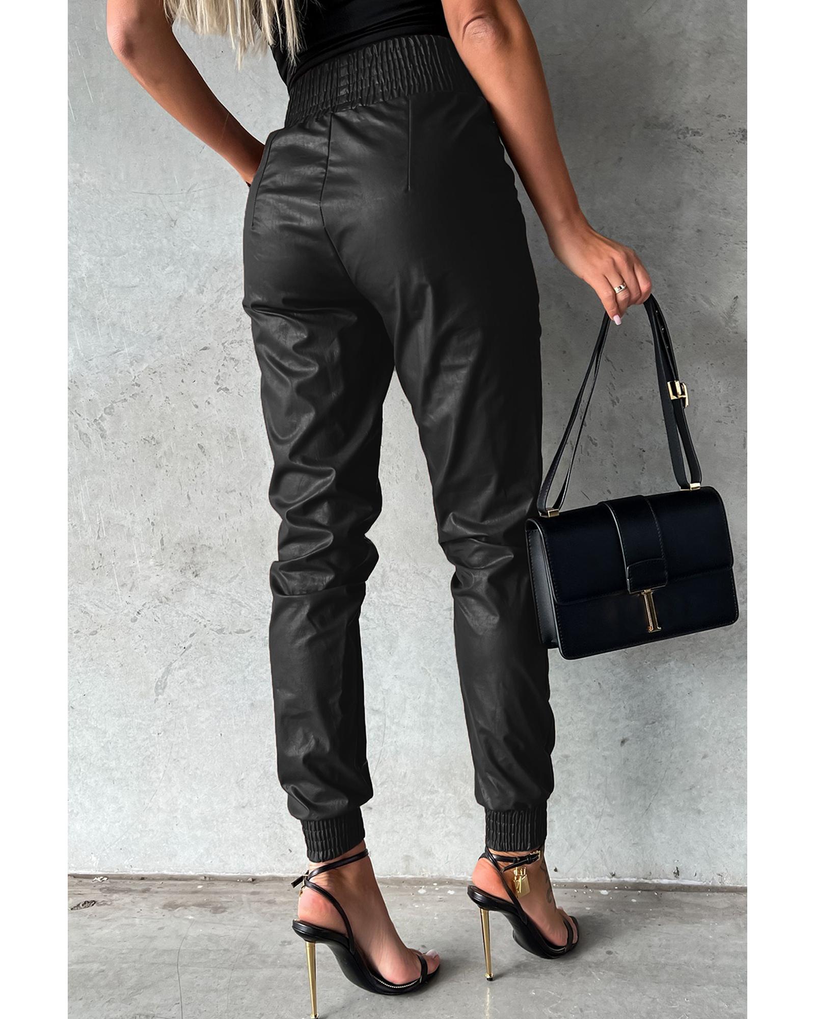 V539-AZEXDC7712107-P2-XL-202508280130-00 Black Smocked High-Waist Leather Skinny Pants - XL - Image 1