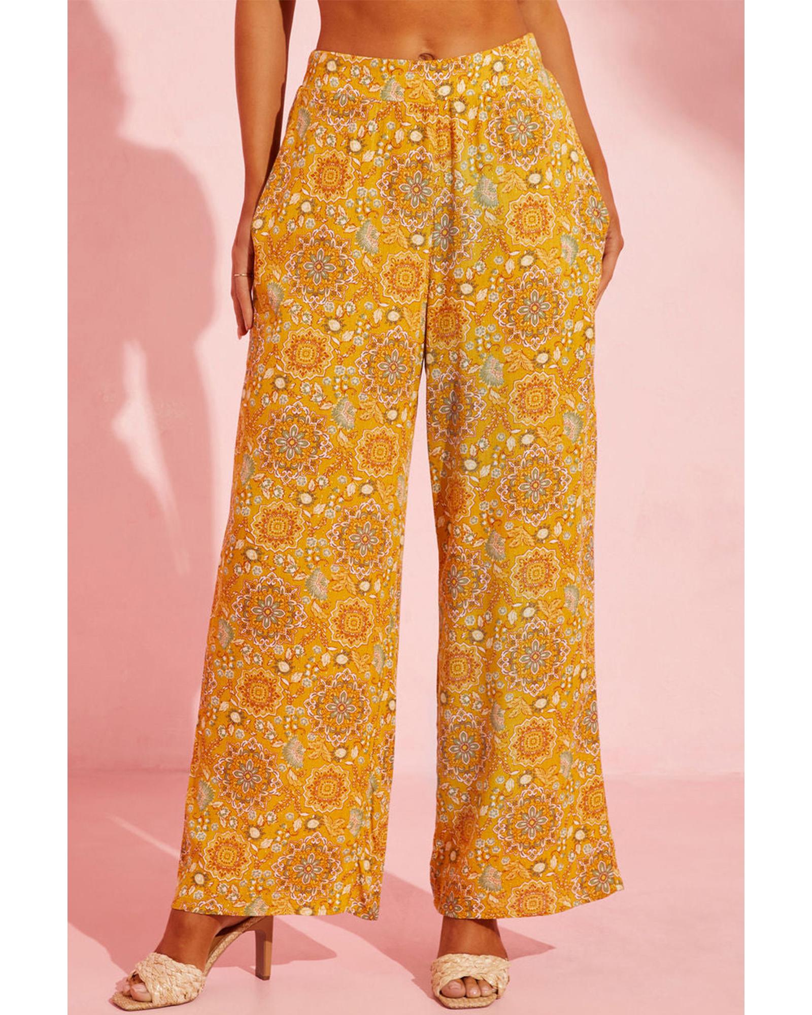 V539-AZEXDC7712281-7-L-202508300030-00 Yellow Bohemian Floral Print Pocketed Wide Leg Pants - L - Image 1