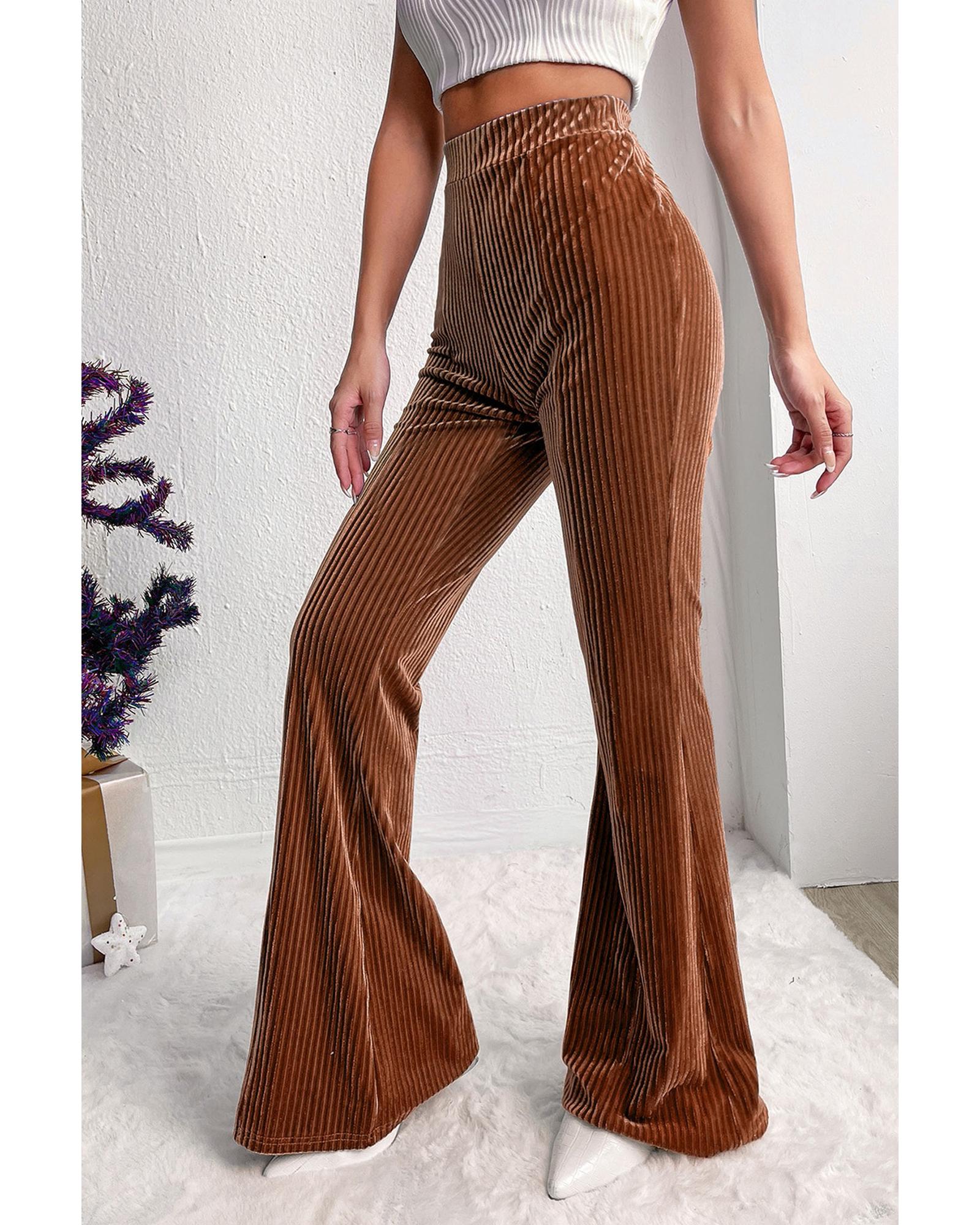V539-AZEXDC7712424-P2017-L-202508291950-00 Chestnut Solid Color High Waist Flare Corduroy Pants - L - Image 1