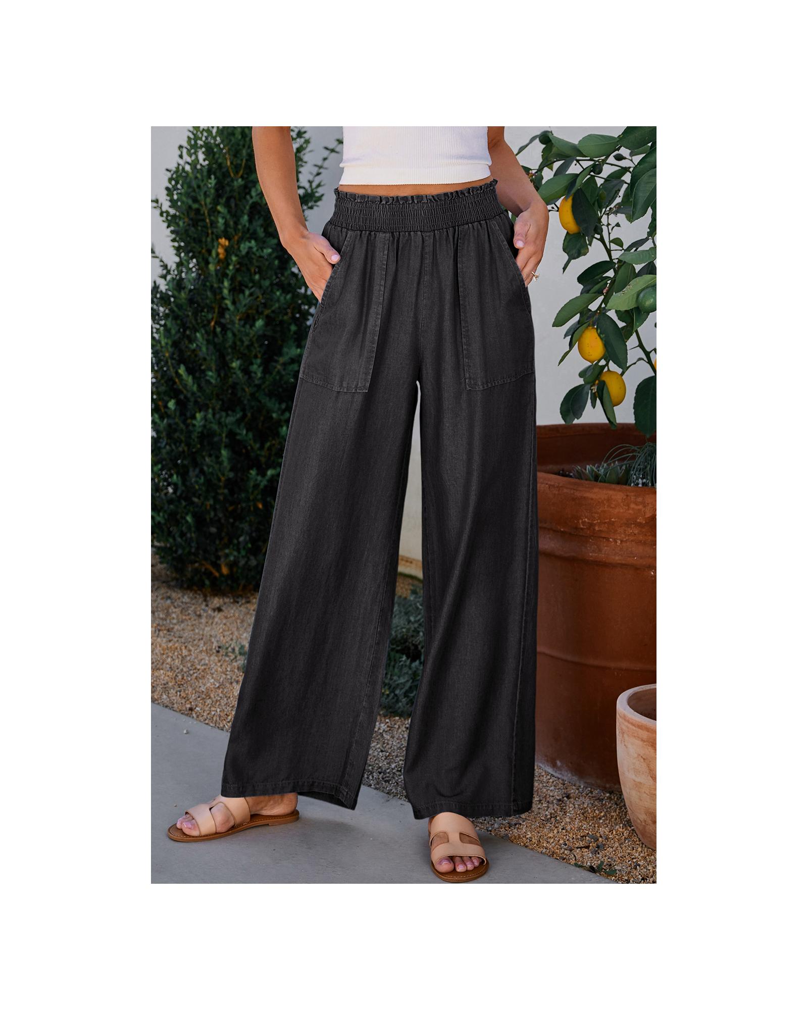 V539-AZEXDC7712517-P2-XL-202508282000-00 Black Side Pockets Frilled Smocked High Waist Wide Leg Jeans - XL - Image 1