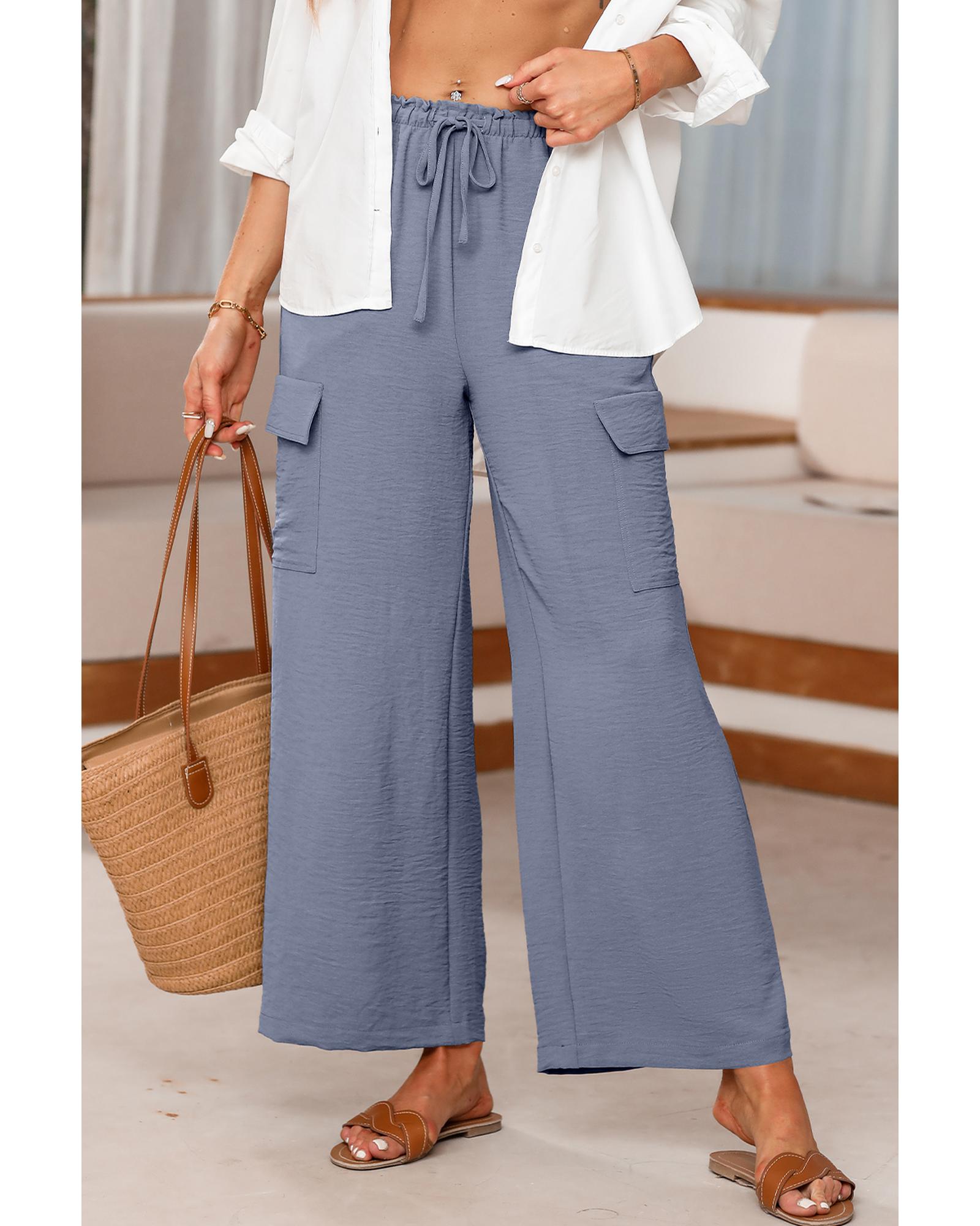 V539-AZEXDC7712579-P2011-S-202506150931-00 Dark Grey Drawstring Frilled Waist Wide Leg Utility Trousers - S - Image 1