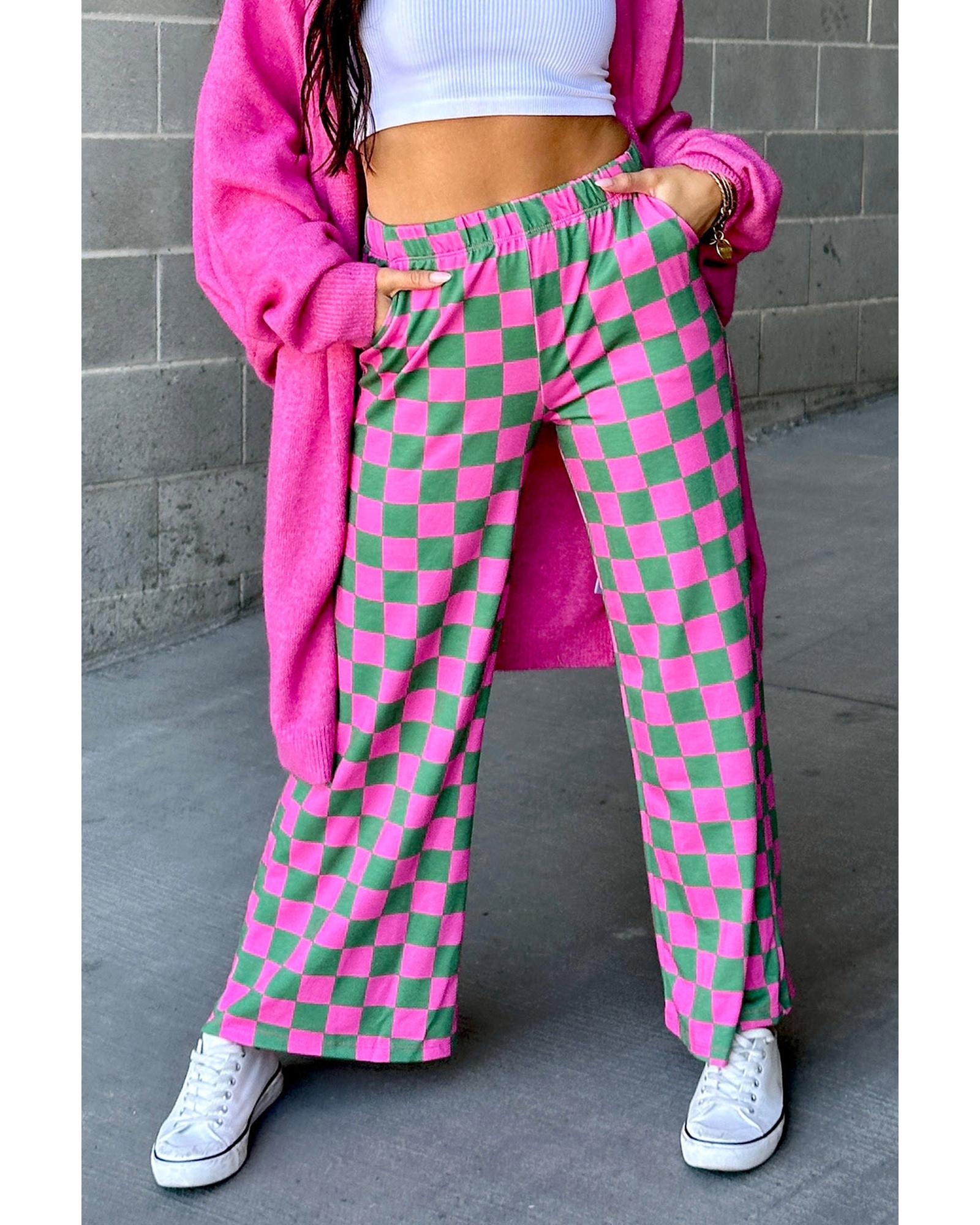 V539-AZEXDC7712900-P922-S-202506150953-00 Green 2-Tone Checked Print High Waist Wide Leg Pants - S - Image 1