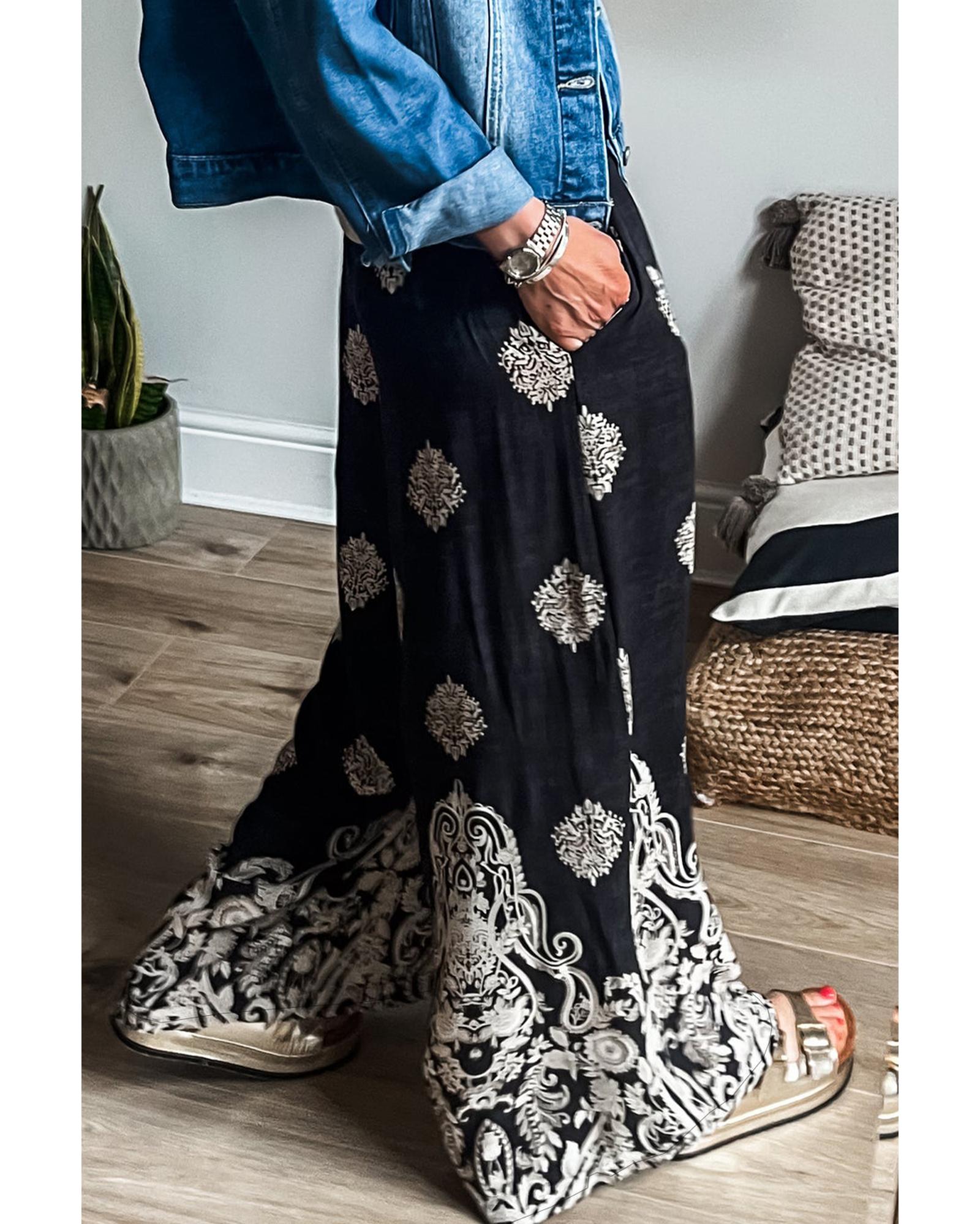 V539-AZEXDC7712907-P220-XL-202508302220-00 Black Bohemian Printed Drawstring Waist Wide Leg Pants - XL - Image 1