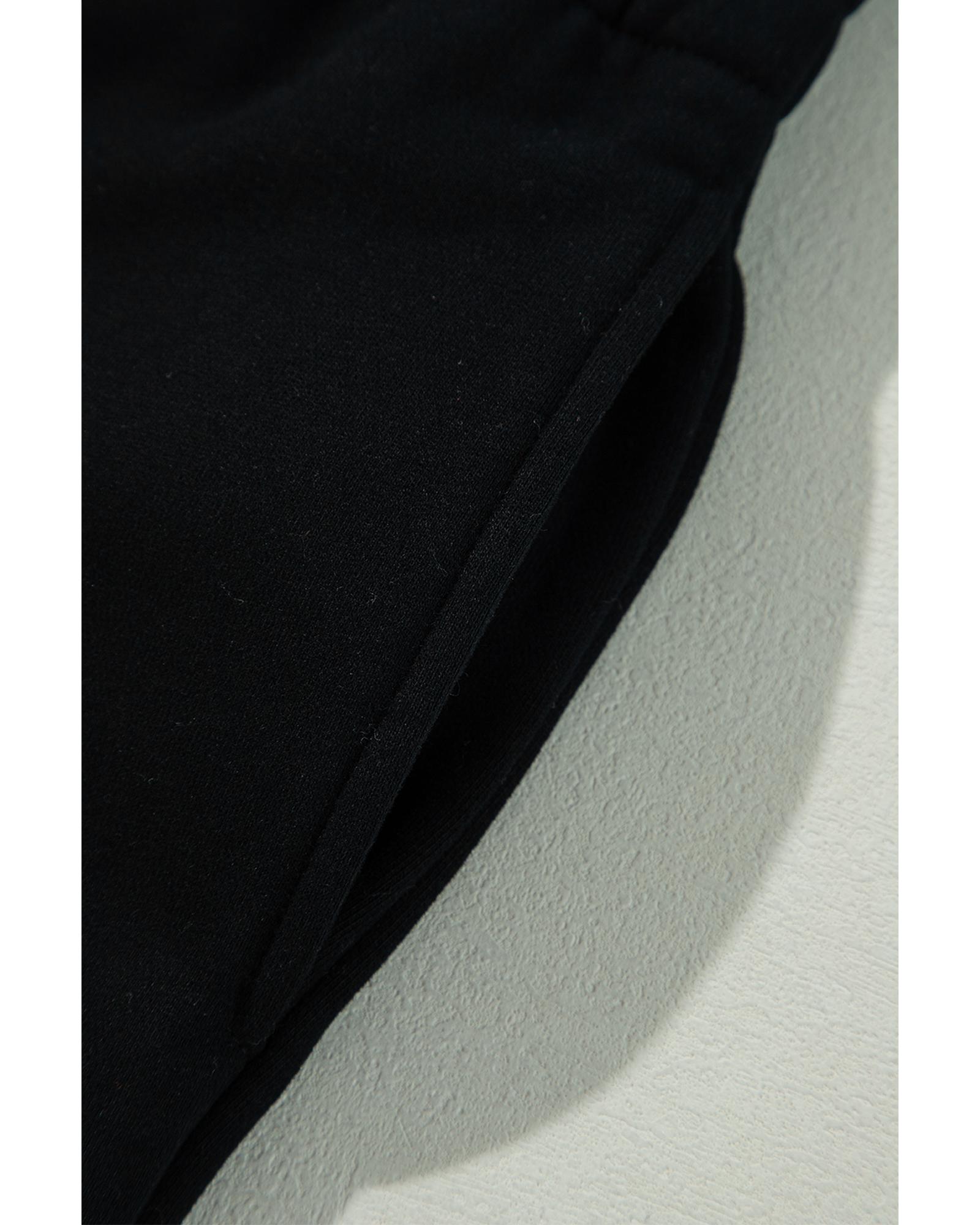 V539-AZEXDC7713058-P2-S-202508300710-00 Black Solid Color Fleece Lined Drawstring Waist Casual Pants - S - Image 1