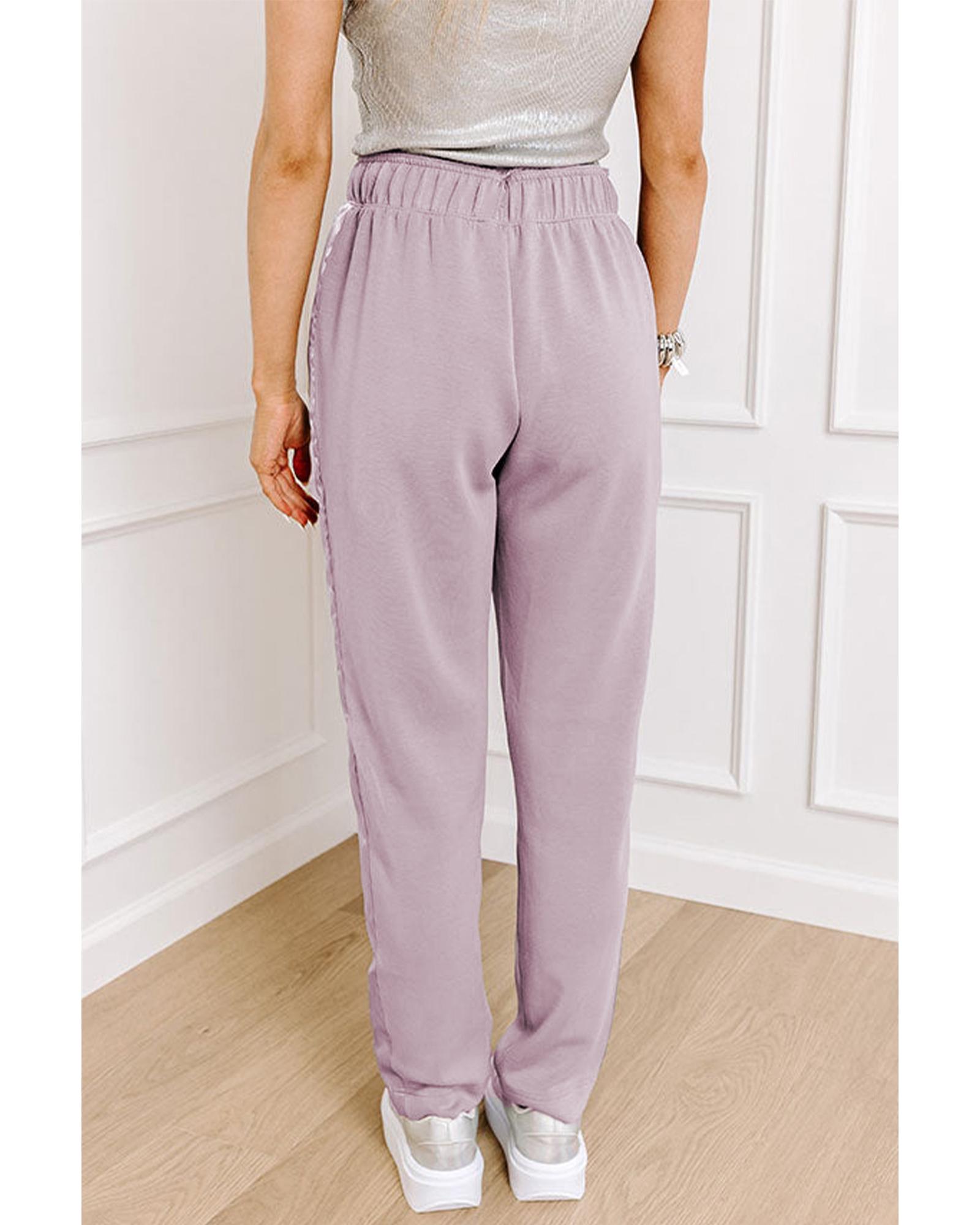 V539-AZEXDC7713118-P708-M-202508301020-00 Orchid Petal Drawstring Waist Satin Stripe Patch Straight Leg High Waist Pants - M - Image 1