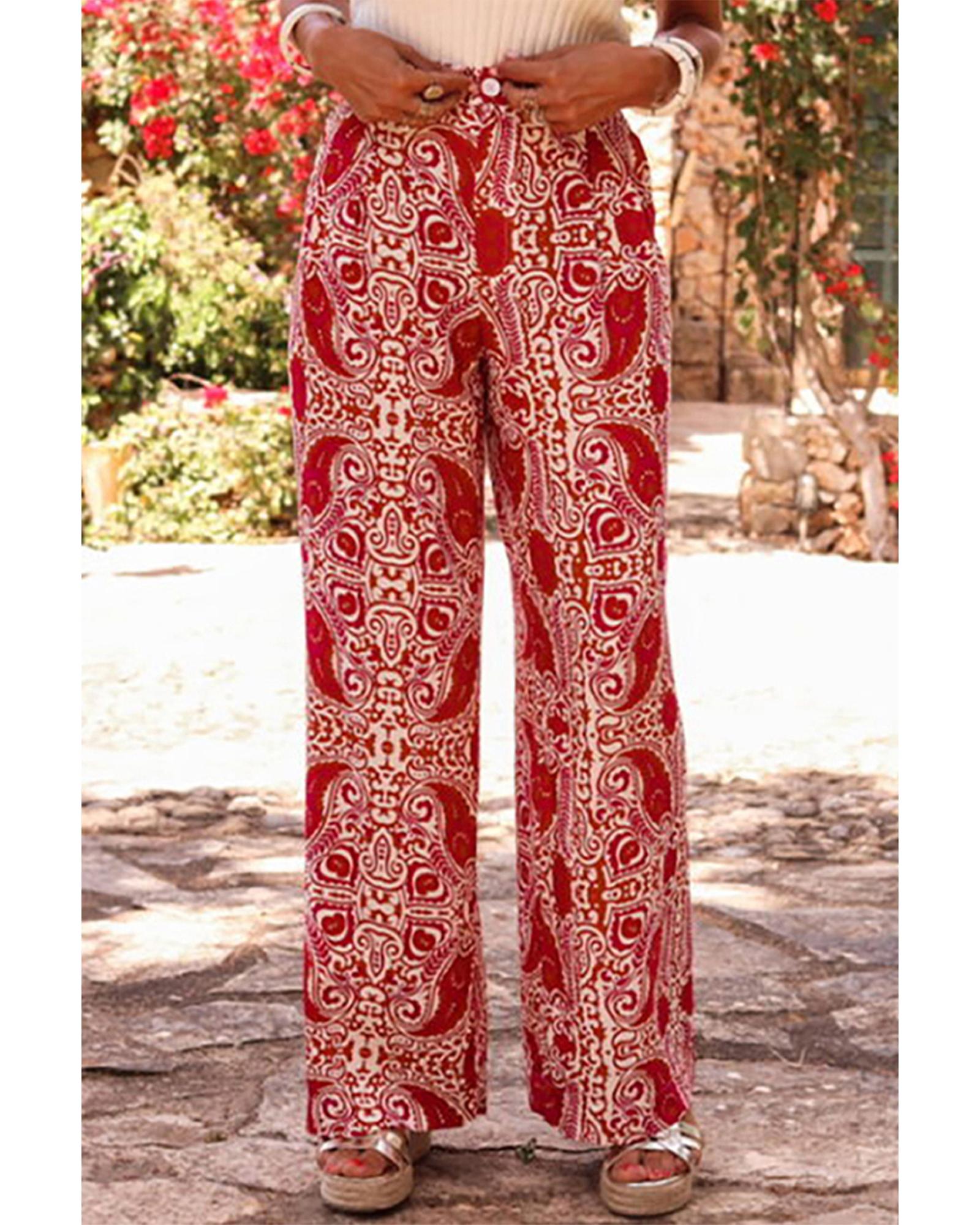 V539-AZEXDC7713182-P10320-S-202506150721-00 Red Paisley Printed Buttoned High Waist Straight Leg Pants - S - Image 1