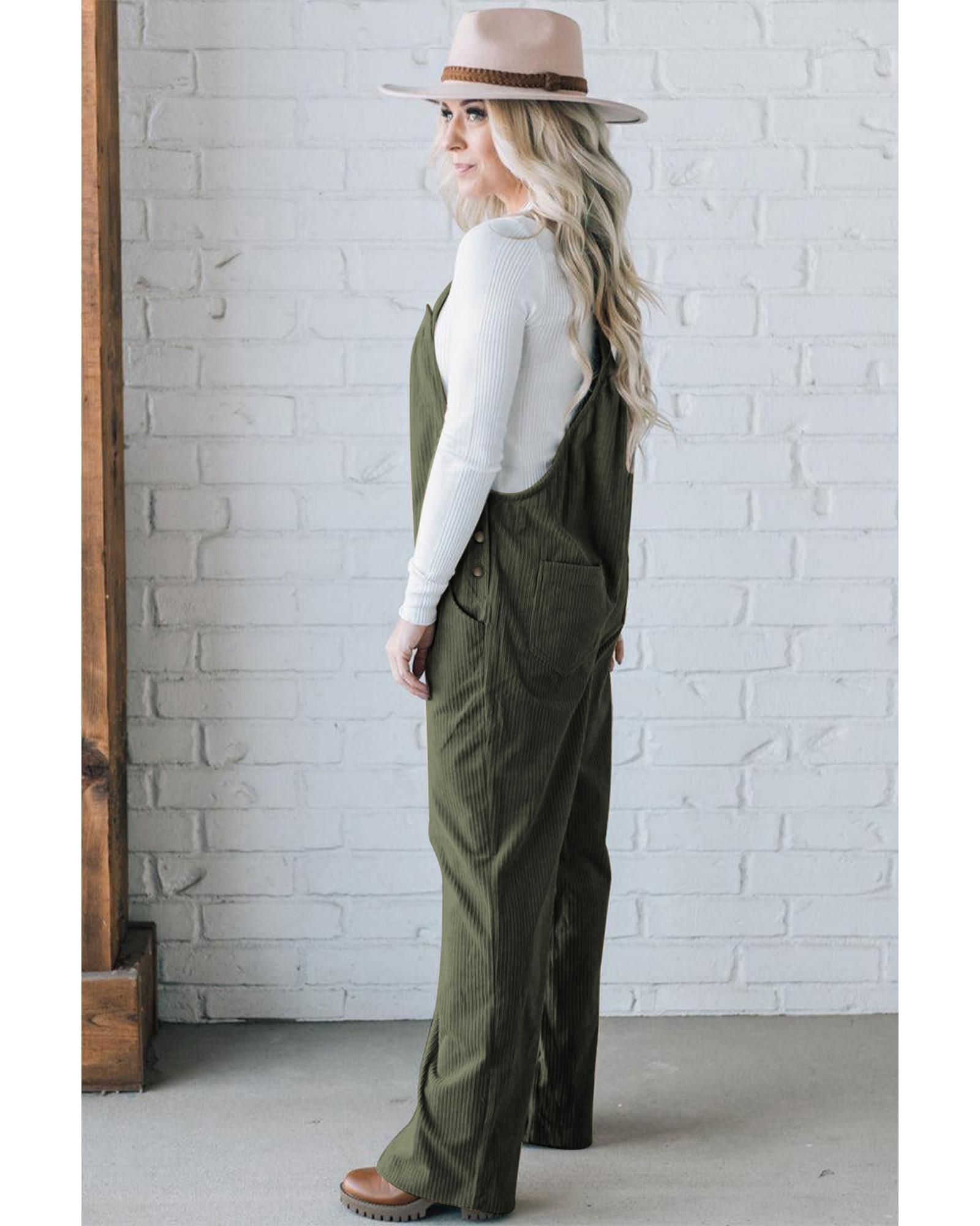 V539-AZEXDC7721077-P609-L-202508280510-00 Jungle Green Solid Pocketed Loose Fit Corduroy Overall - L - Image 1