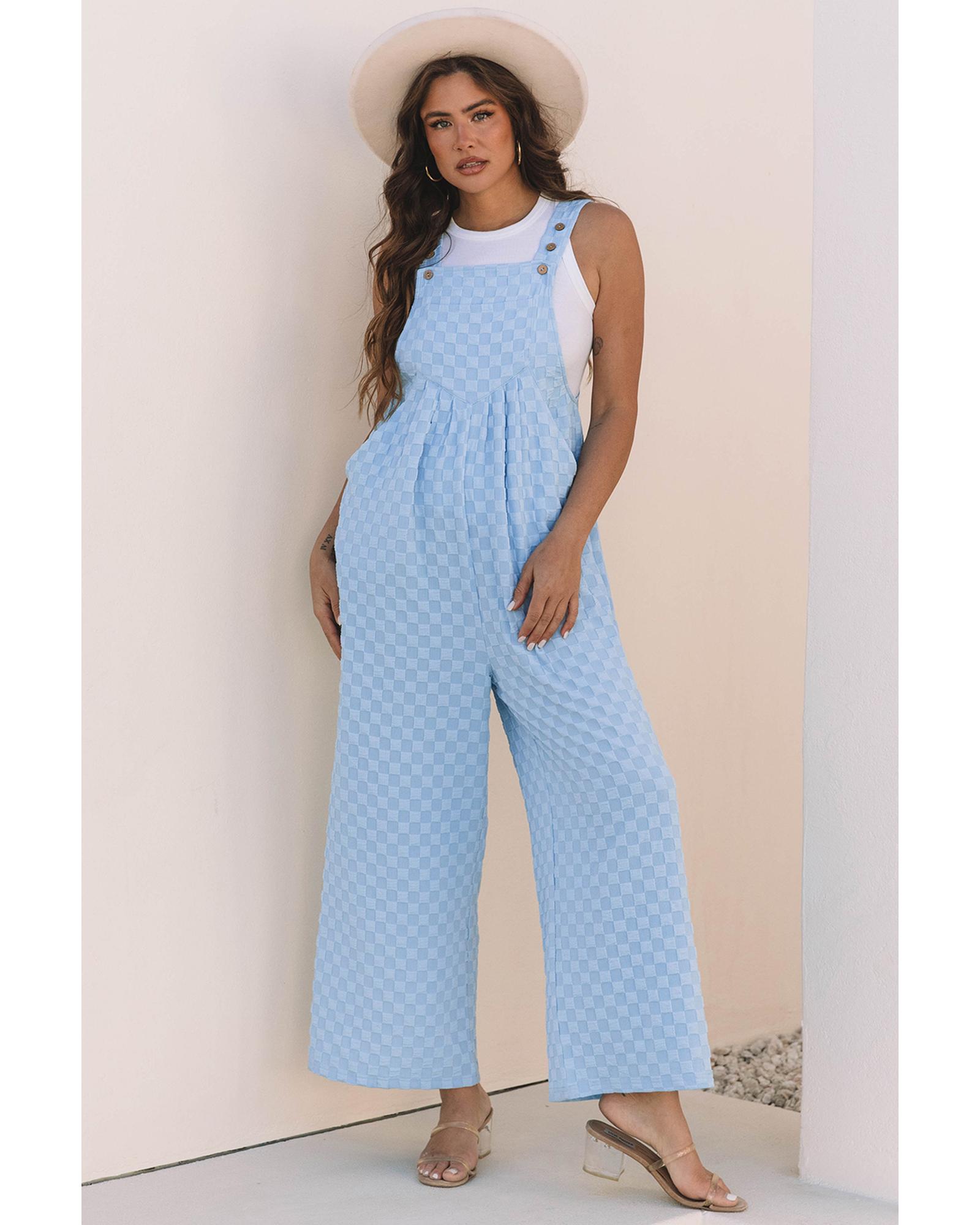 V539-AZEXDC7721088-P804-S-202506150840-00 Beau Blue Checkered Pocketed High Waist Wide Leg Overall - S - Image 1