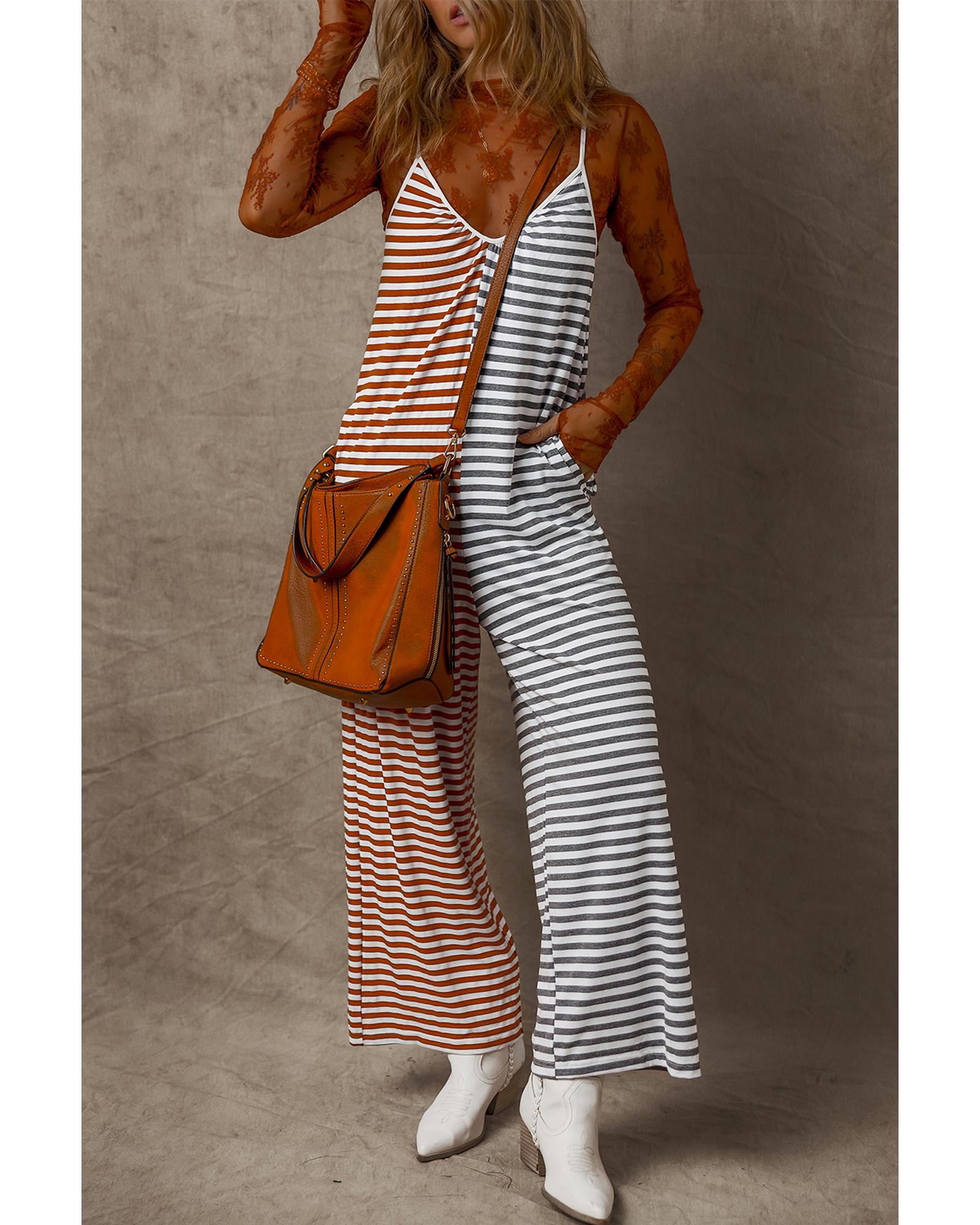 V539-AZEXDC7721091-P719-XL-202508292025-00 Yellow Stripe Two Tone Contrast Spaghetti Strap Backless Overall - XL - Image 1