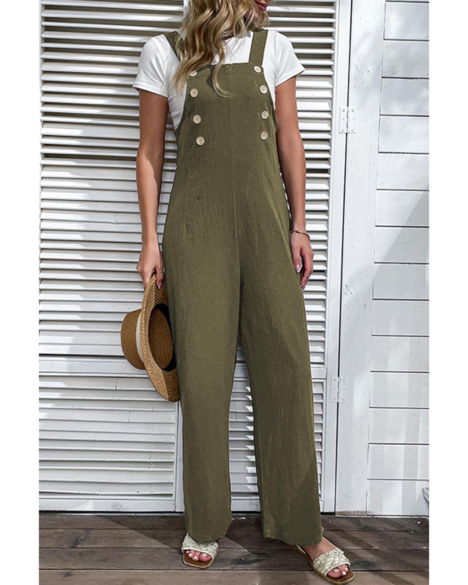 V539-AZEXDC7721094-P609-M-202508300150-00 Jungle Green Solid Color Buttoned Straight Leg Overall - M - Image 1
