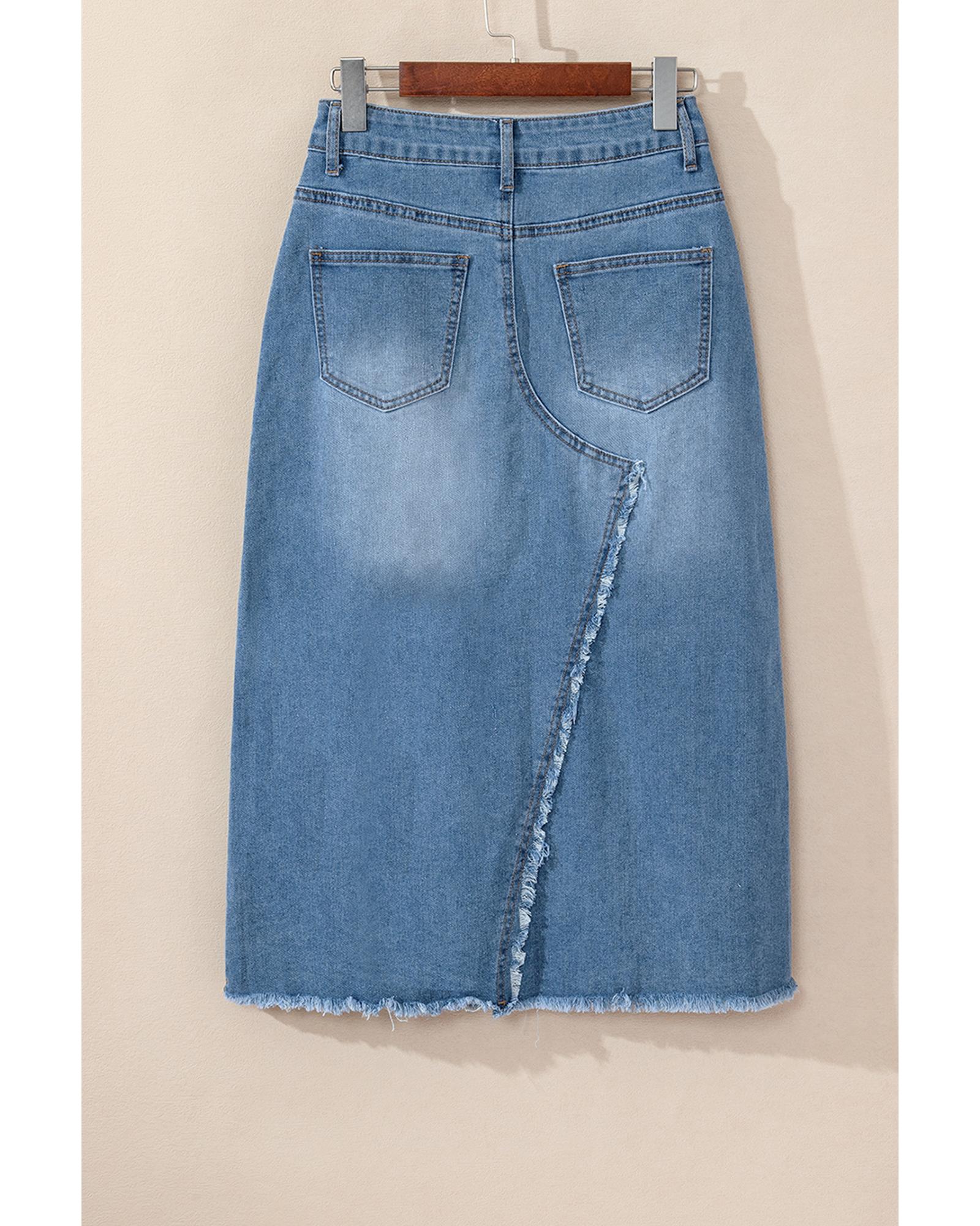 V539-AZEXDC7811080-P4-XL-202508282135-00 Light Blue Frayed Slit Asymmetric Denim Midi Skirt - XL - Image 1