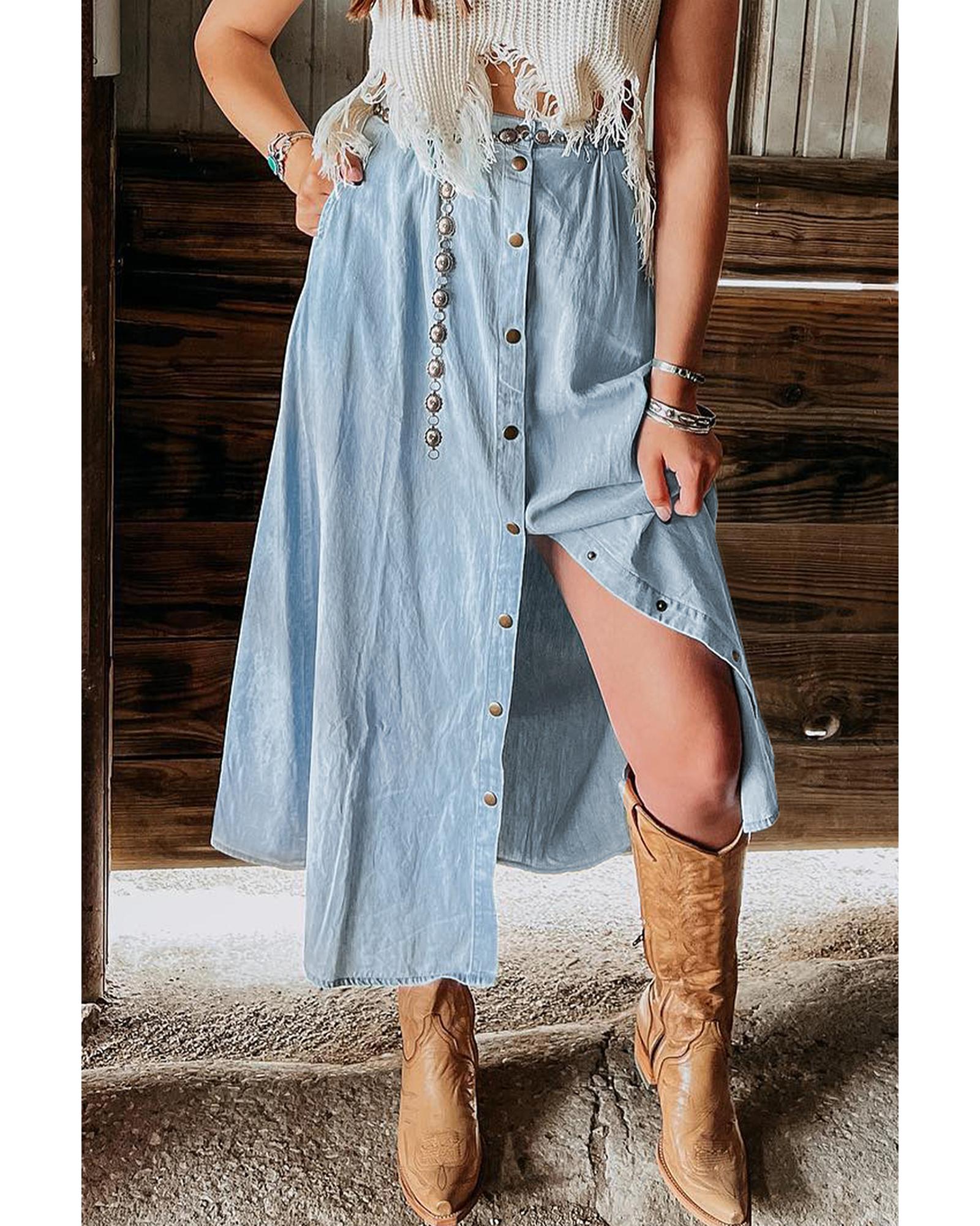 V539-AZEXDC7811081-P204-XL-202506150906-00 Mist Blue Fully Buttoned Long Denim Skirt - XL - Image 1