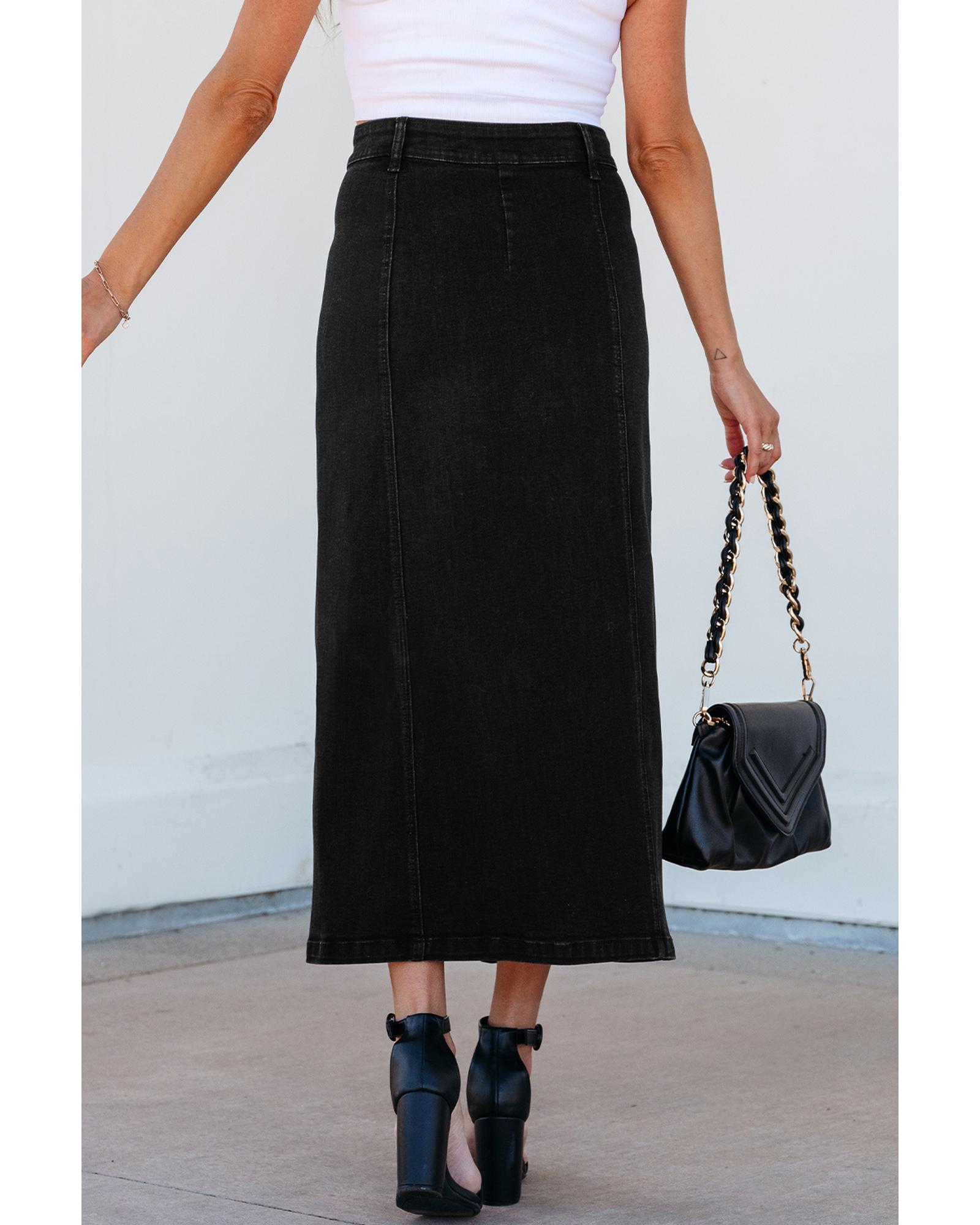 V539-AZEXDC7811135-P2-XL-202508280620-00 Black Button Fly Side Split High Waist Denim Midi Skirt - XL - Image 1