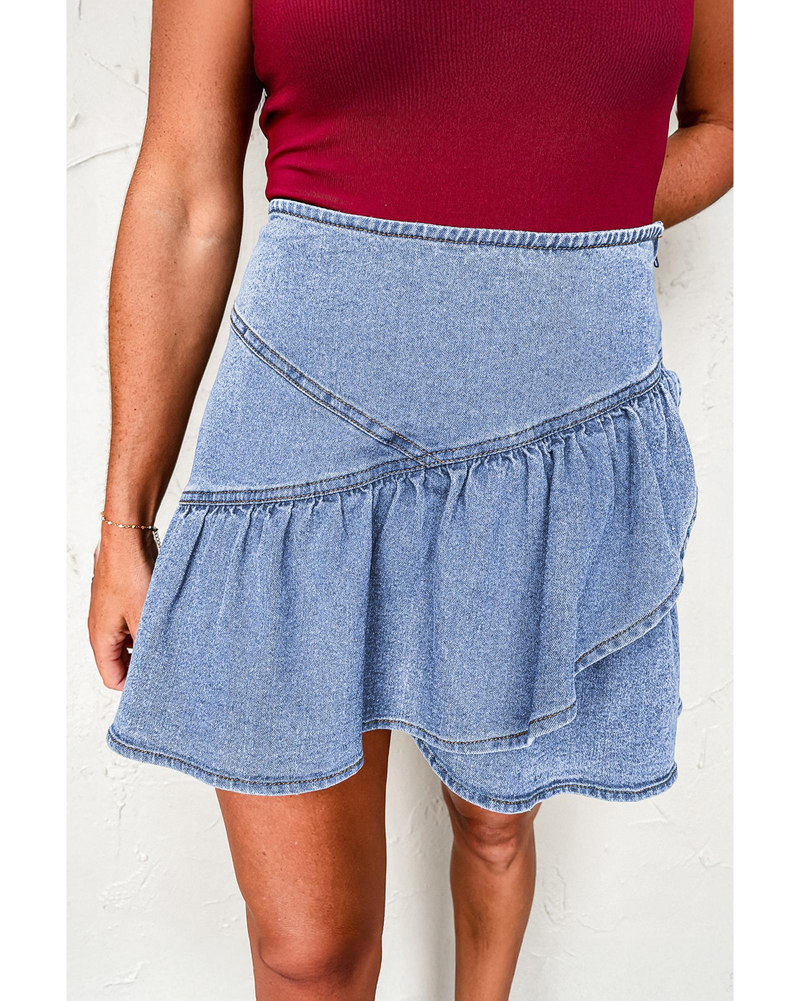 V539-AZEXDC7811145-P804-L-202508292245-00 Beau Blue Asymmetric Ruffle Overlay Denim Mini Skirt - L - Image 1