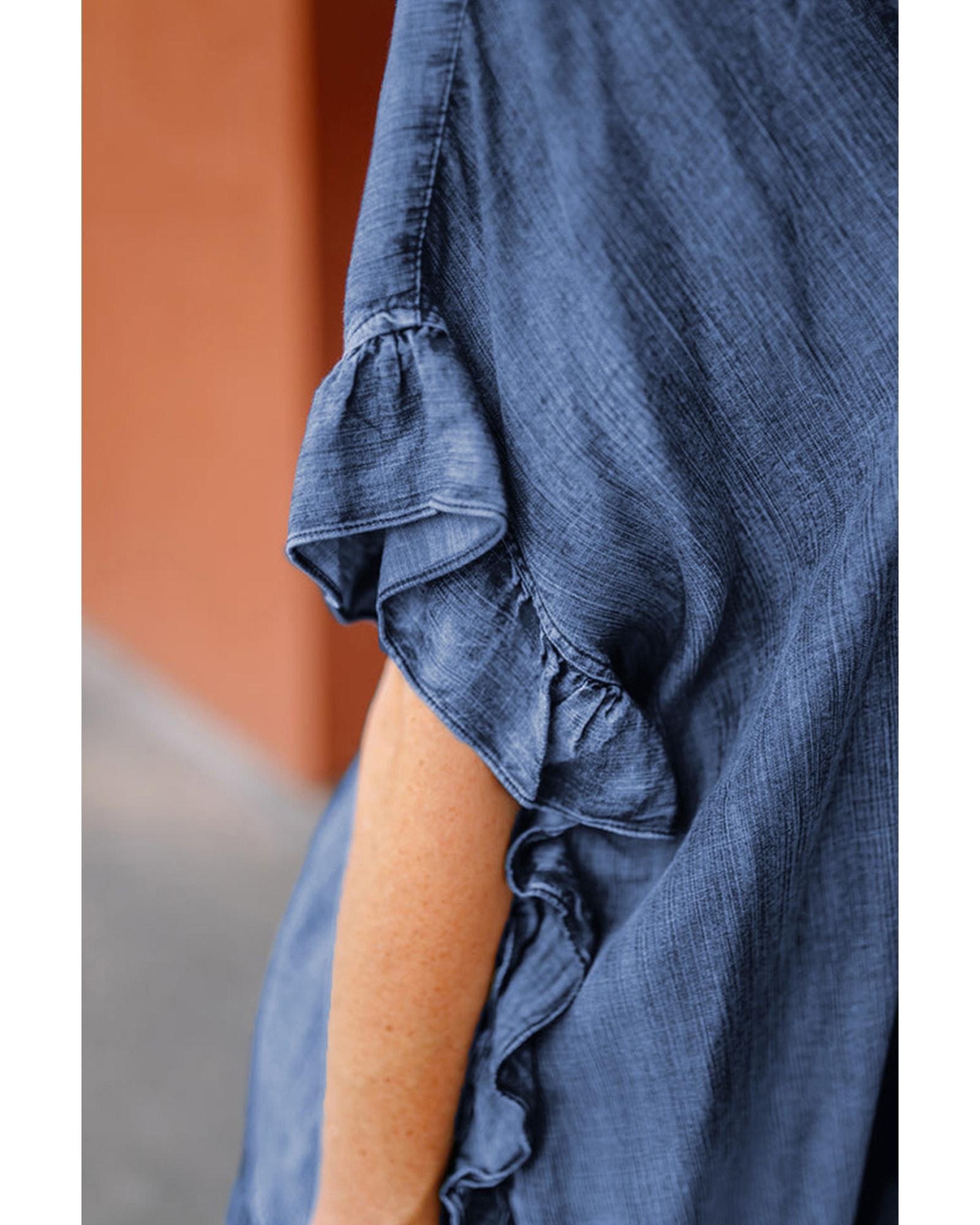 V539-AZEXDC7821223-P704-L-202508301325-00 Dusk Blue Chambray Ruffle Hem Half Sleeve Open Loose Kimono - L - Image 1