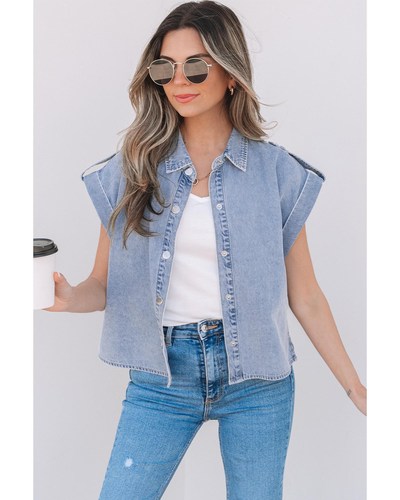 V539-AZEXDC7821230-P704-L-202508301925-00 Dusk Blue Denim Pinup Folded Cap Sleeve Shirt - L - Image 1