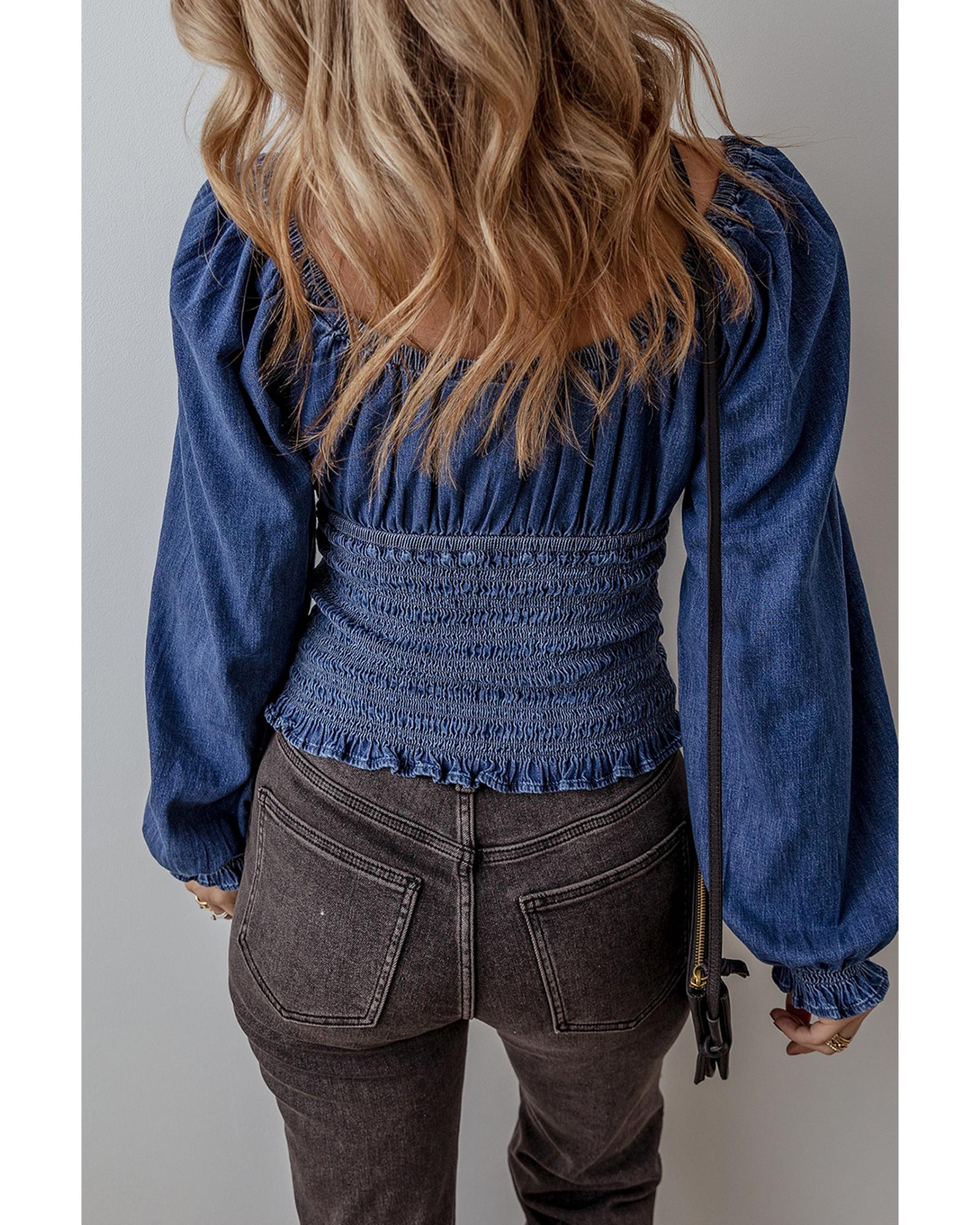 V539-AZEXDC7821251-P5-XL-202508300935-00 Dark Blue Smocked Ruffled Puff Sleeve V Neck Denim Blouse - XL - Image 1