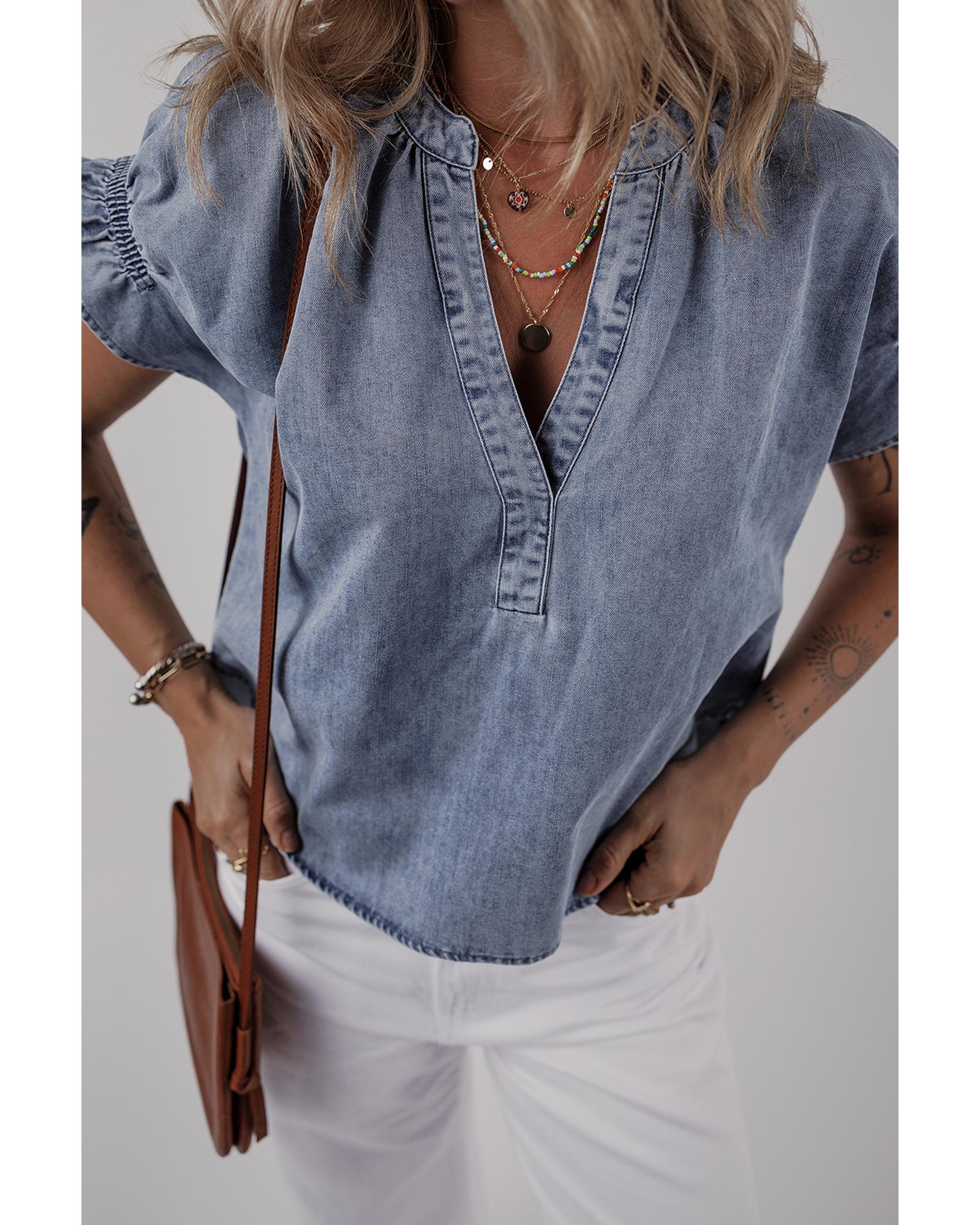 V539-AZEXDC7821322-P704-XL-202508301455-00 Dusk Blue V Neck Ruffled Short Puff Sleeve Denim Top - XL - Image 1