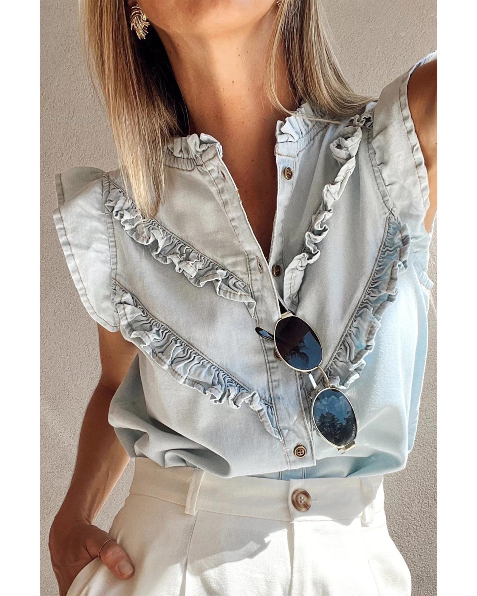 V539-AZEXDC7821357-P804-S-202506150716-00 Beau Blue Mineral Wash Cap Sleeve Frilled Button Up Denim Shirt - S - Image 1