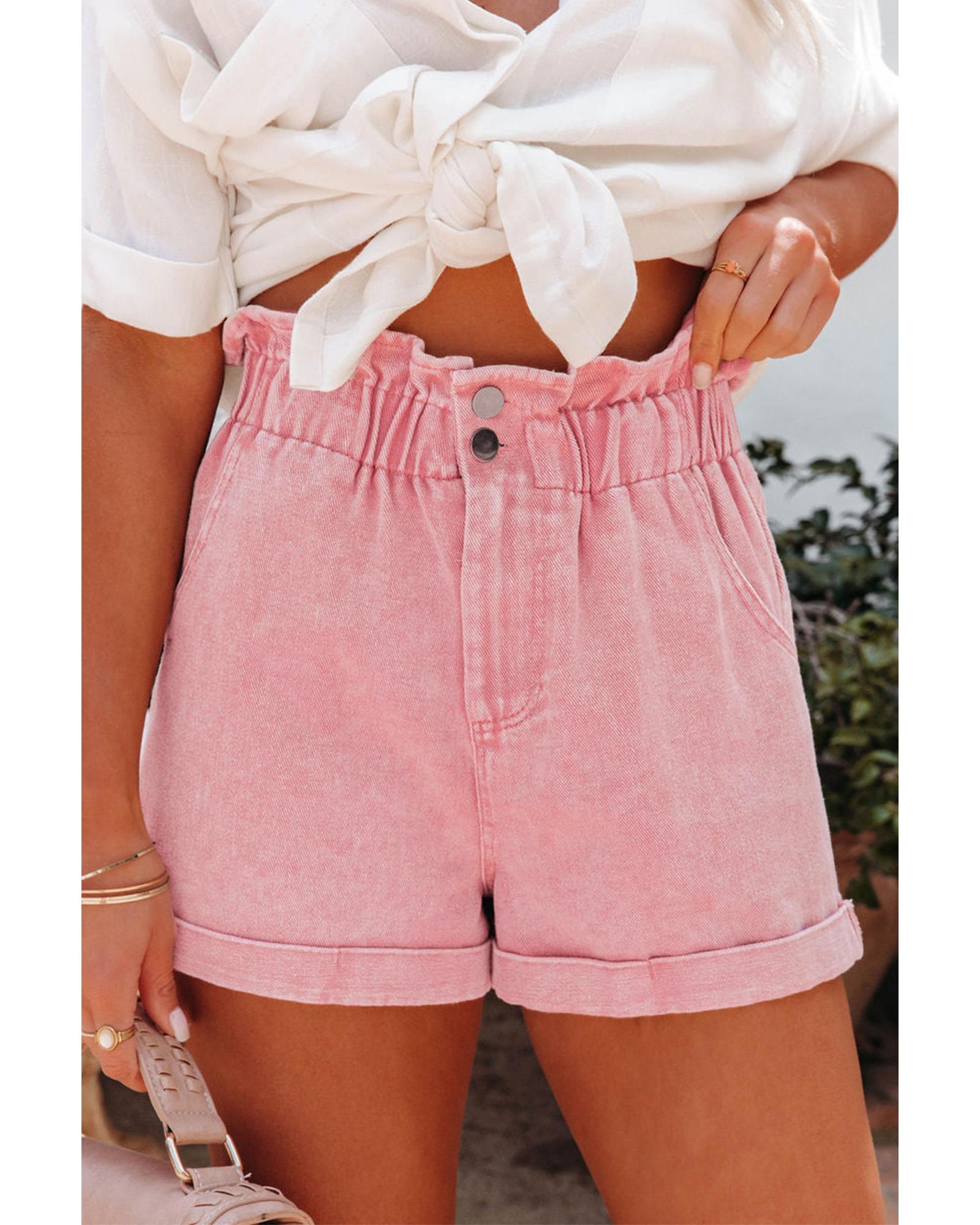 V539-AZEXDC7831584-P9010-12-202508301840-00 Dusty Pink Vintage Washed Frilled High Waist Denim Shorts - 12 US - Image 1
