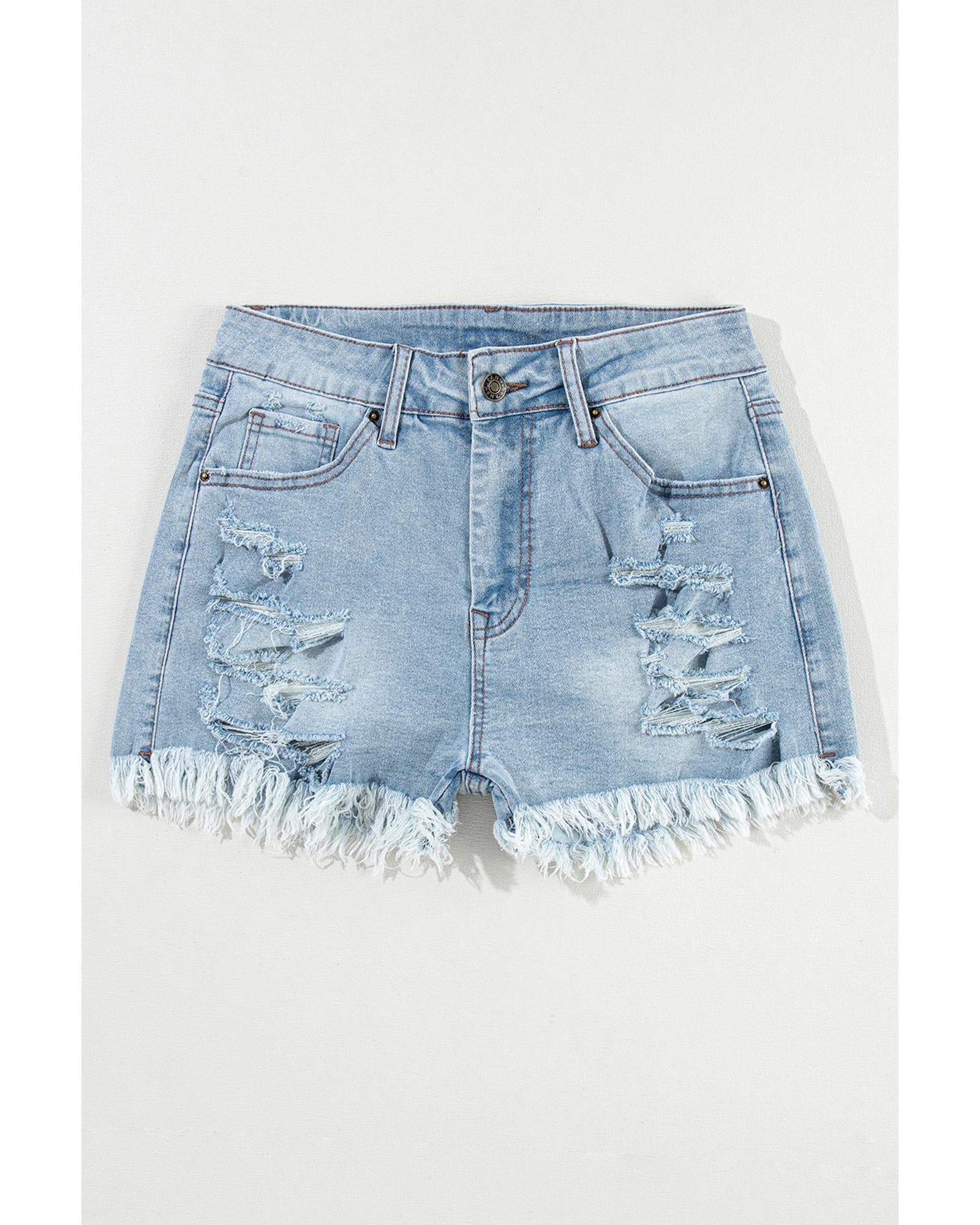 V539-AZEXDC7831636-P4-10-202508301740-00 Light Blue Distressed Ripped Raw Hem High Waist Denim Shorts - 10 US - Image 1