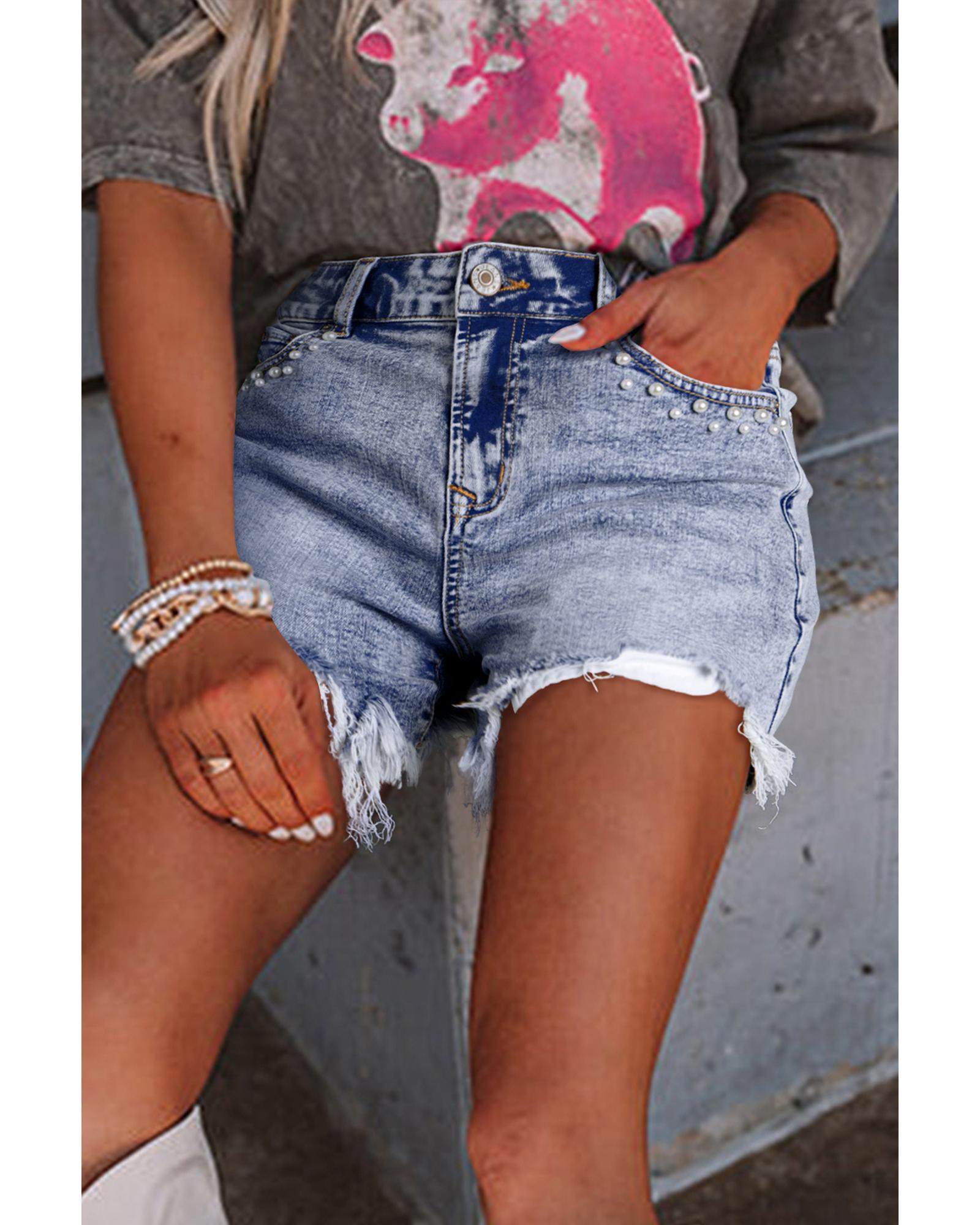 V539-AZEXDC7831637-P804-6-202506150753-00 Beau Blue Pearl Studded Pockets Raw Hem Denim Shorts - 6 US - Image 1