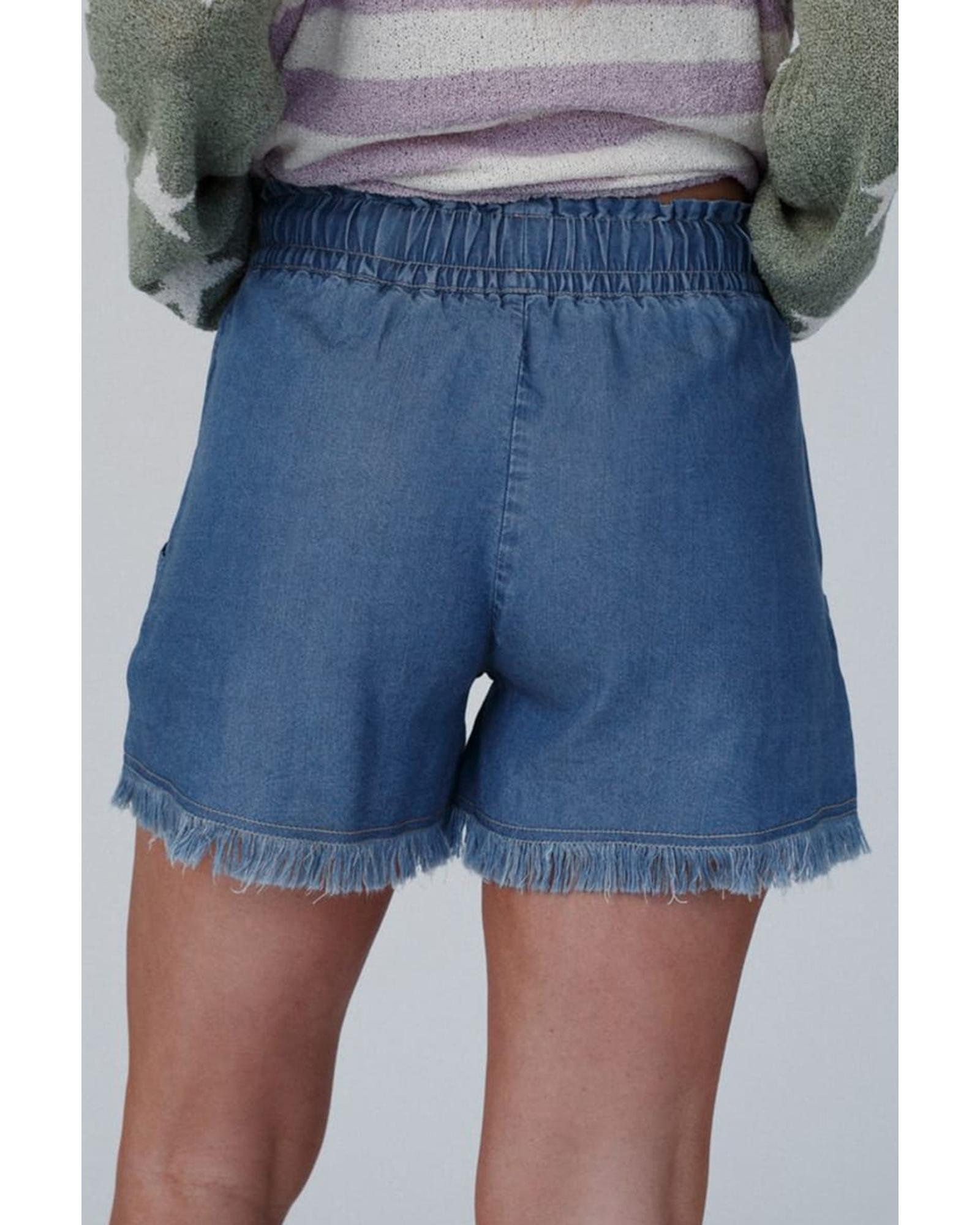 V539-AZEXDC7831777-P604-12-202508281155-00 Ashleigh Blue Raw Hem Drawstring High Waist Denim Shorts with Pockets - 12 US - Image 1