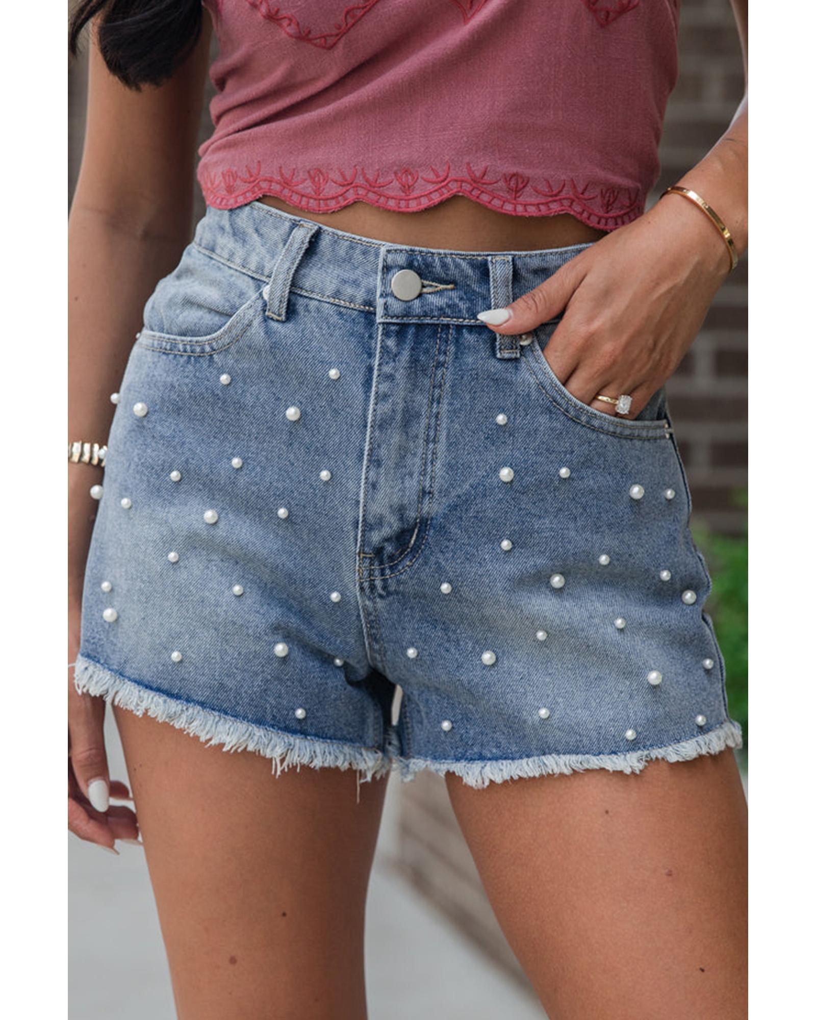 V539-AZEXDC7831781-P704-6-202508292115-00 Dusk Blue Pearl Beaded Raw Hem Medium Wash Denim Shorts - 6 US - Image 1