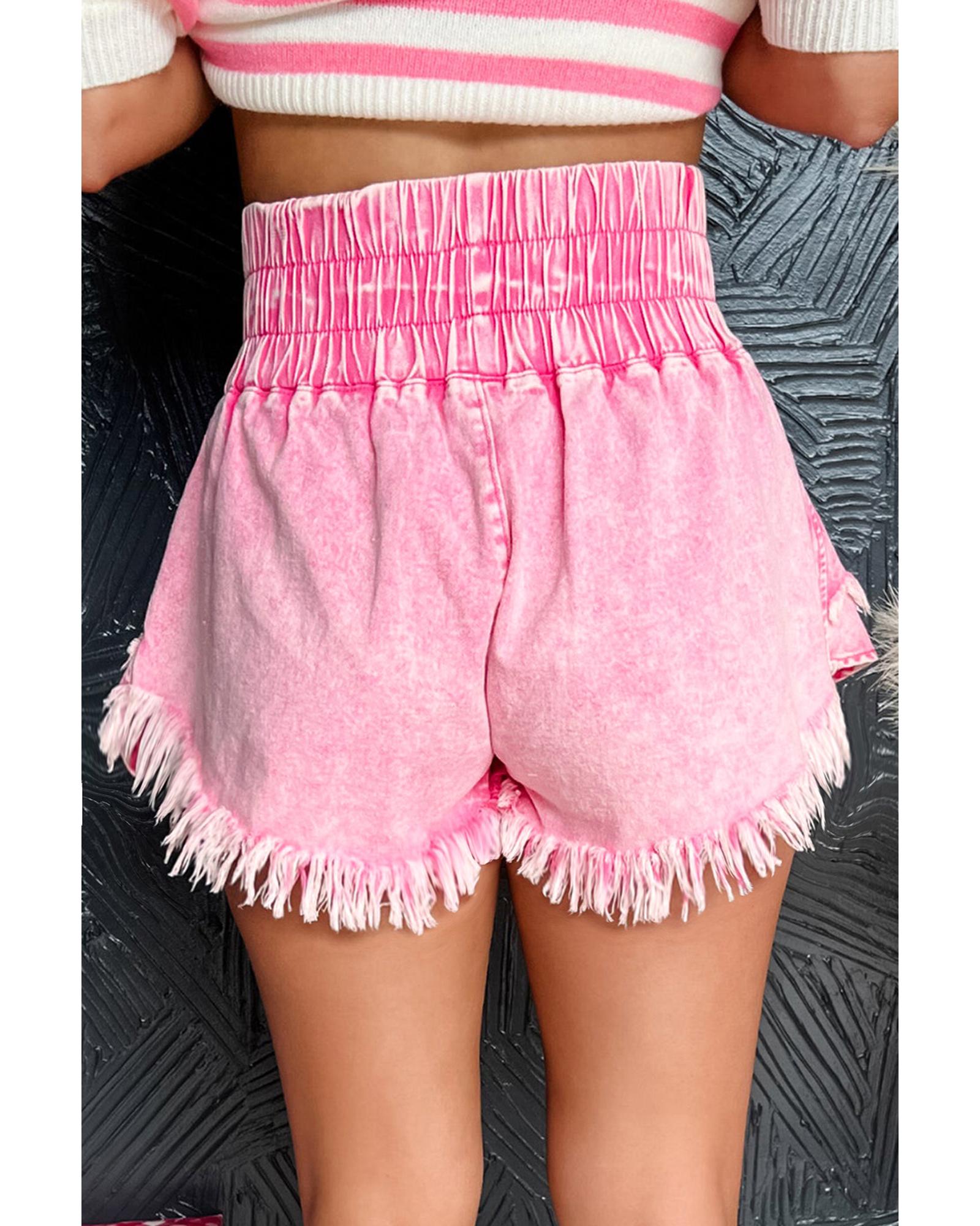 V539-AZEXDC7831816-P10-14-202508291835-00 Pink Washed Wide Smocked Waistband Frayed Denim Shorts - 14 US - Image 1