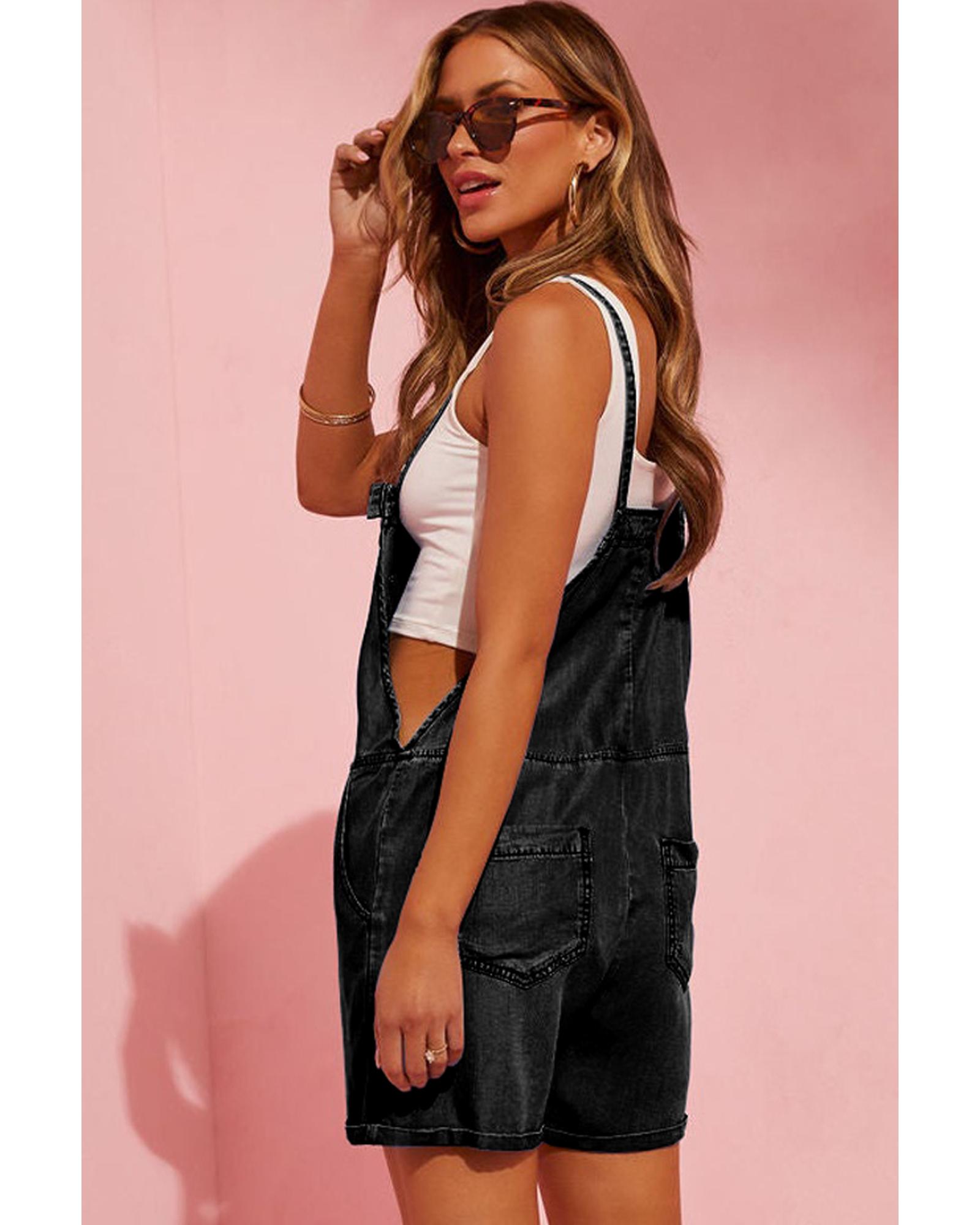 V539-AZEXDC784755-P2-S-202506150932-00 Black Grommet Tie Straps Casual Denim Romper - S - Image 1