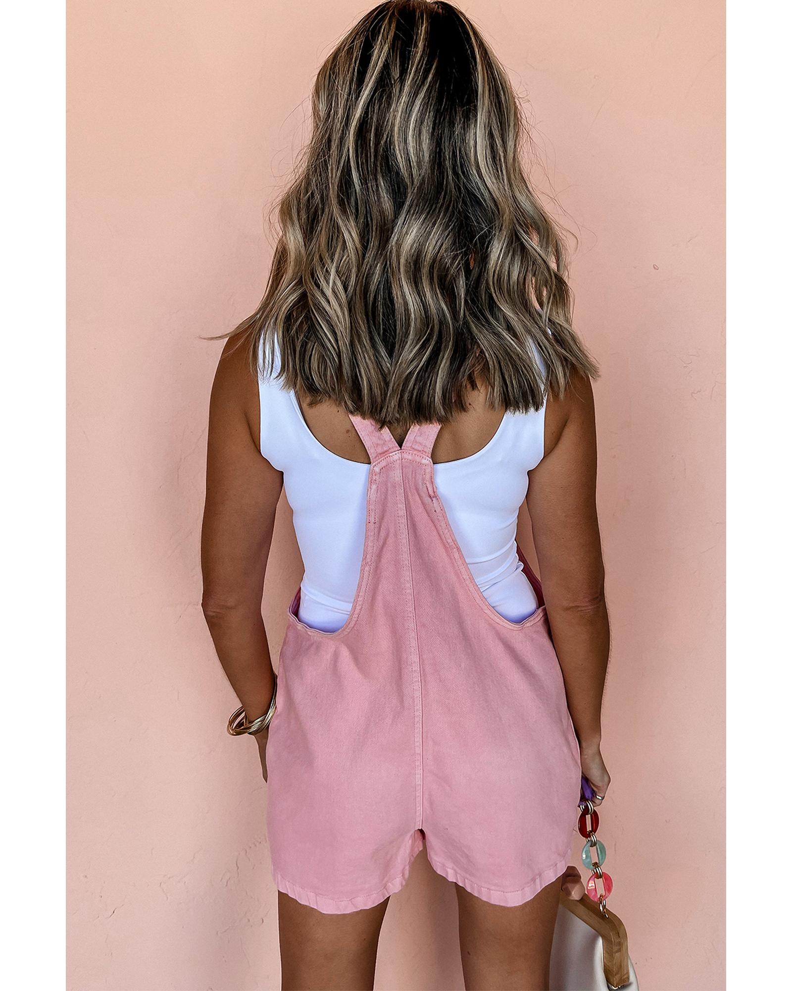 V539-AZEXDC784788-P10-L-202508292035-00 Pink Solid Color Knot Straps Denim Romper with Pockets - L - Image 1