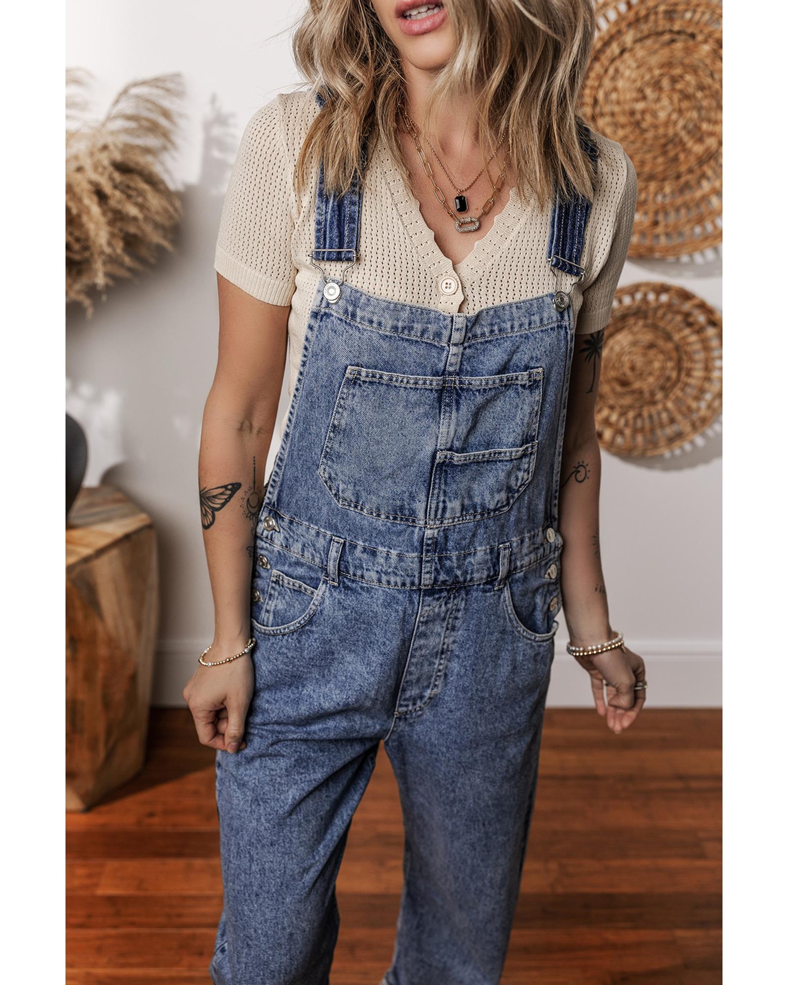 V539-AZEXDC784806-P905-L-202508281525-00 Sail Blue Denim Bib Straight Leg Jumpsuit with Pockets - L - Image 1