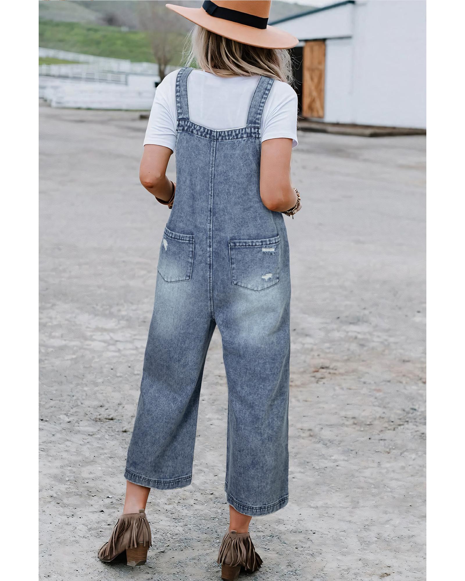 V539-AZEXDC784818-P1404-XL-202508302145-00 Azura Exchange Stone Blue Distressed Bib Pocket Wide Leg Denim Overall - XL - Image 1