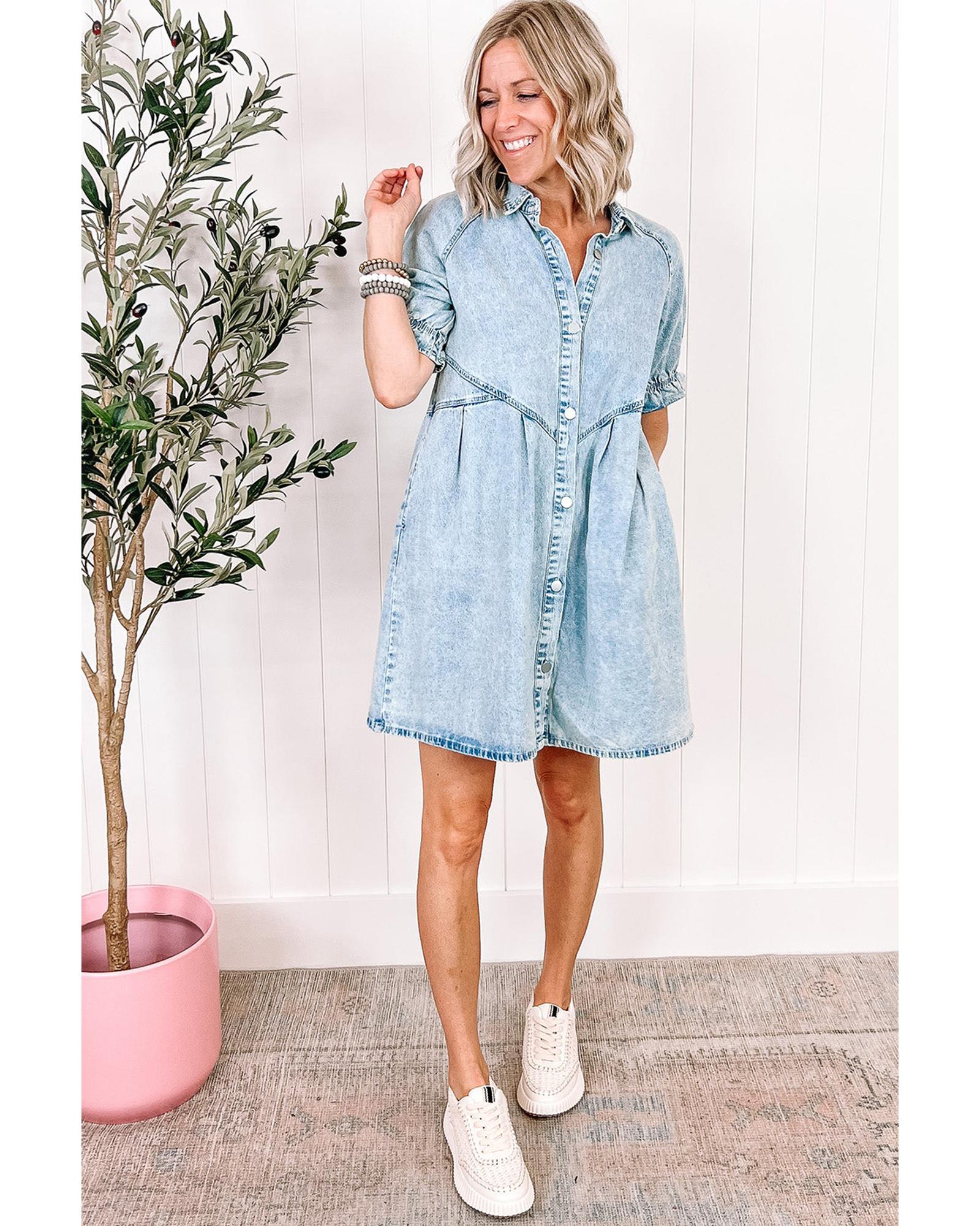 V539-AZEXDC786546-P804-XL-202508301330-00 Beau Blue Mineral Wash Ruffled Short Sleeve Buttoned Denim Dress - XL - Image 1