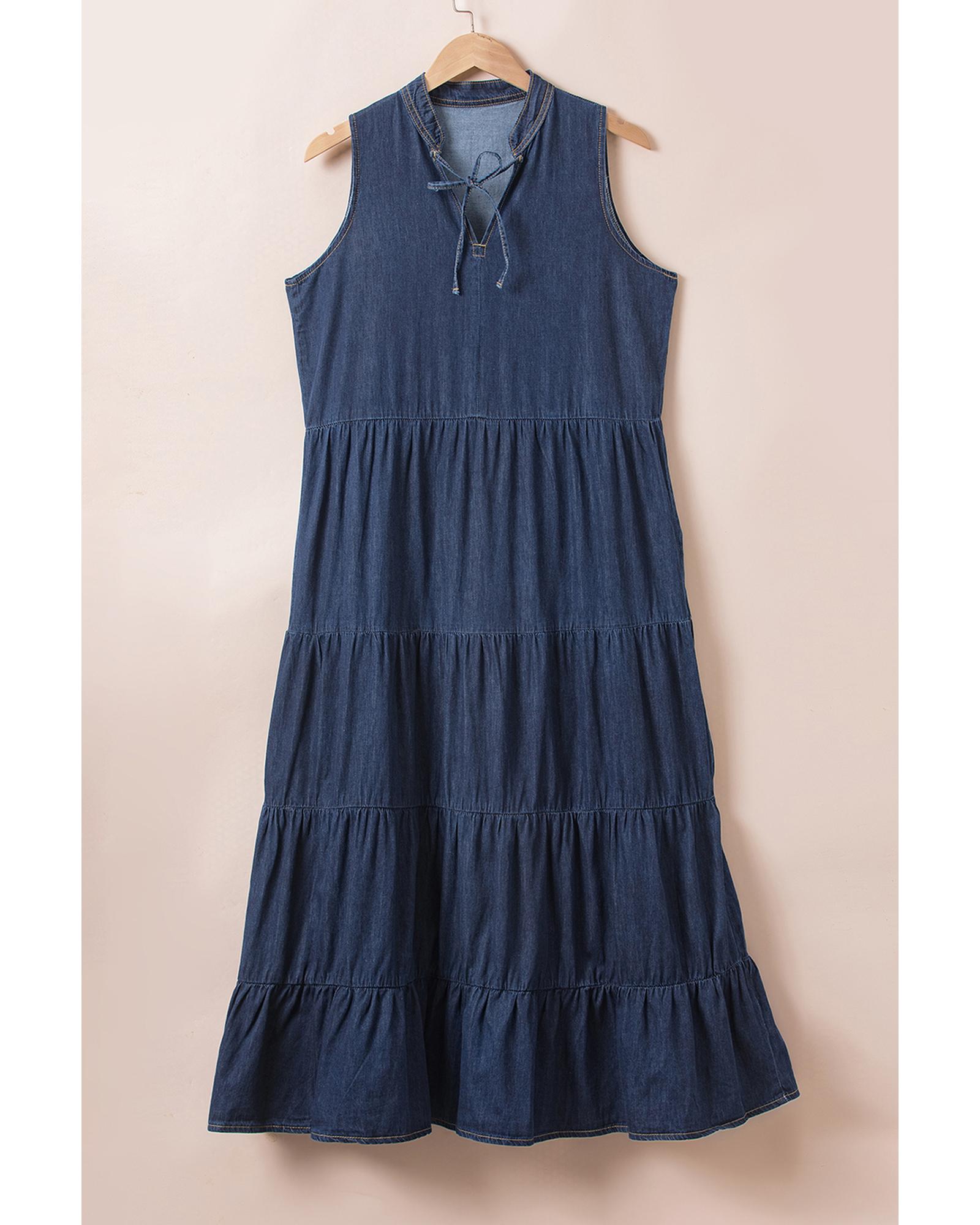 V539-AZEXDC786583-P705-S-202506151310-00 Real Teal Sleeveless Tiered Chambray Maxi Dress - S - Image 1