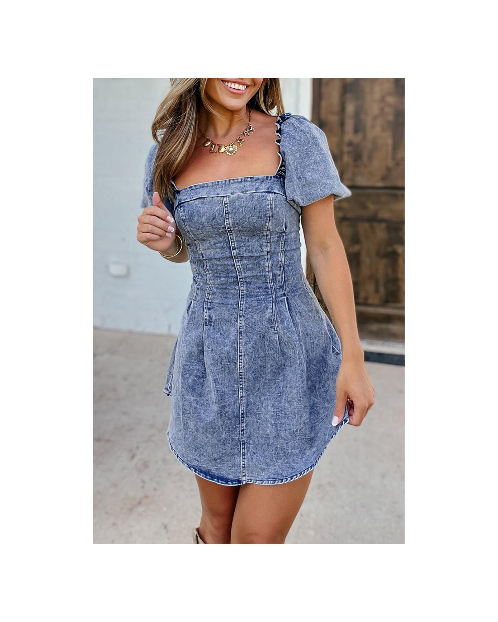 V539-AZEXDC786883-P305-M-202508302020-00 Blue Frilly Square Neck Bustier Puff Sleeve Short Denim Dress - M - Image 1