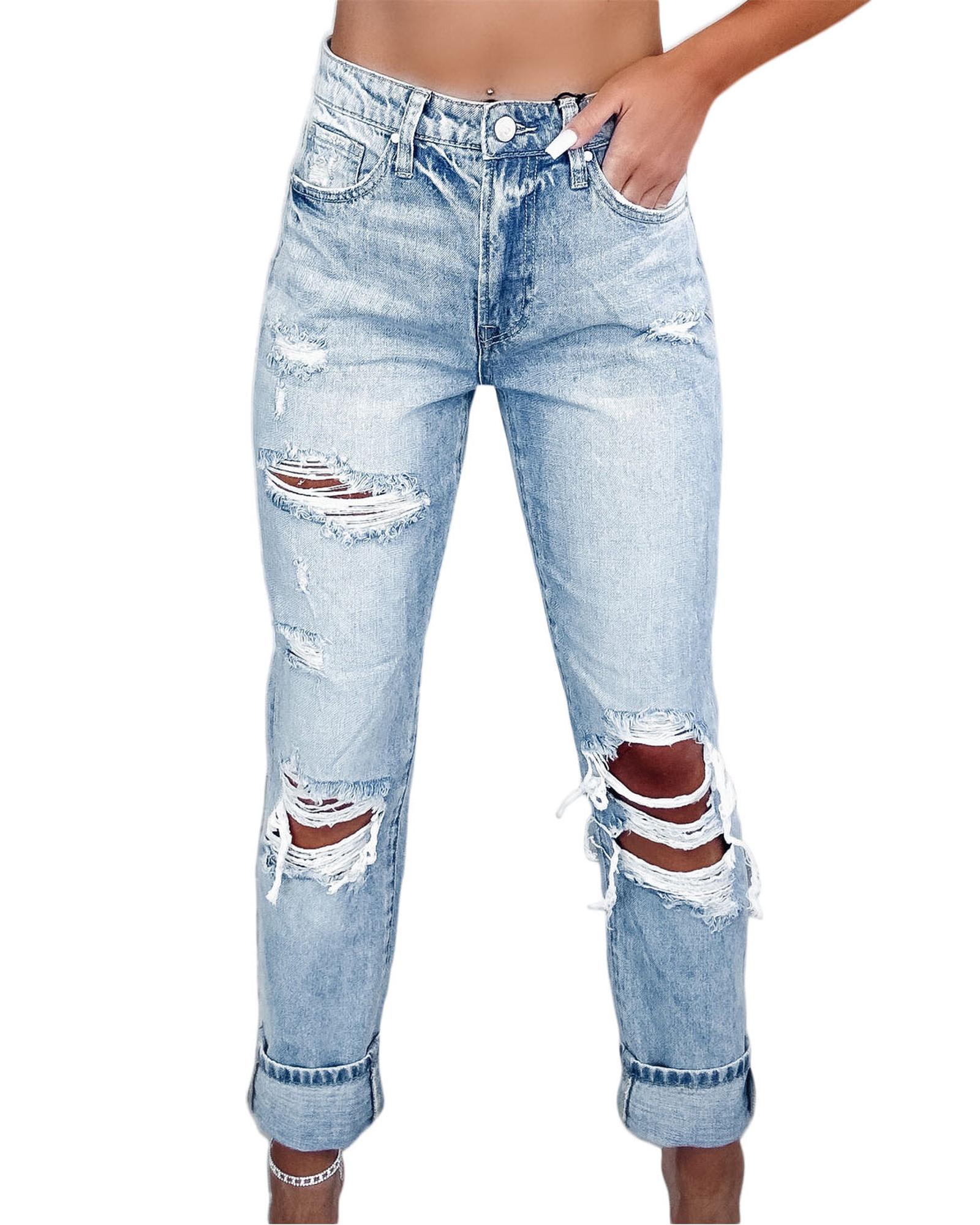 V539-AZEXDC7874095-4-10-202508290515-00 Azura Exchange Frayed Sky Blue Slim Fit High Waist Jeans - 10 US - Image 1