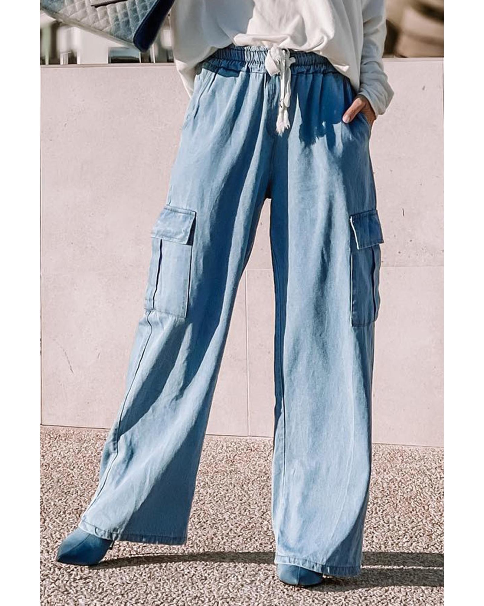 V539-AZEXDC7874164-4-L-202508280715-00 Sky Blue Drawstring High Waist Cargo Pocket Wide Leg Jeans - L - Image 1
