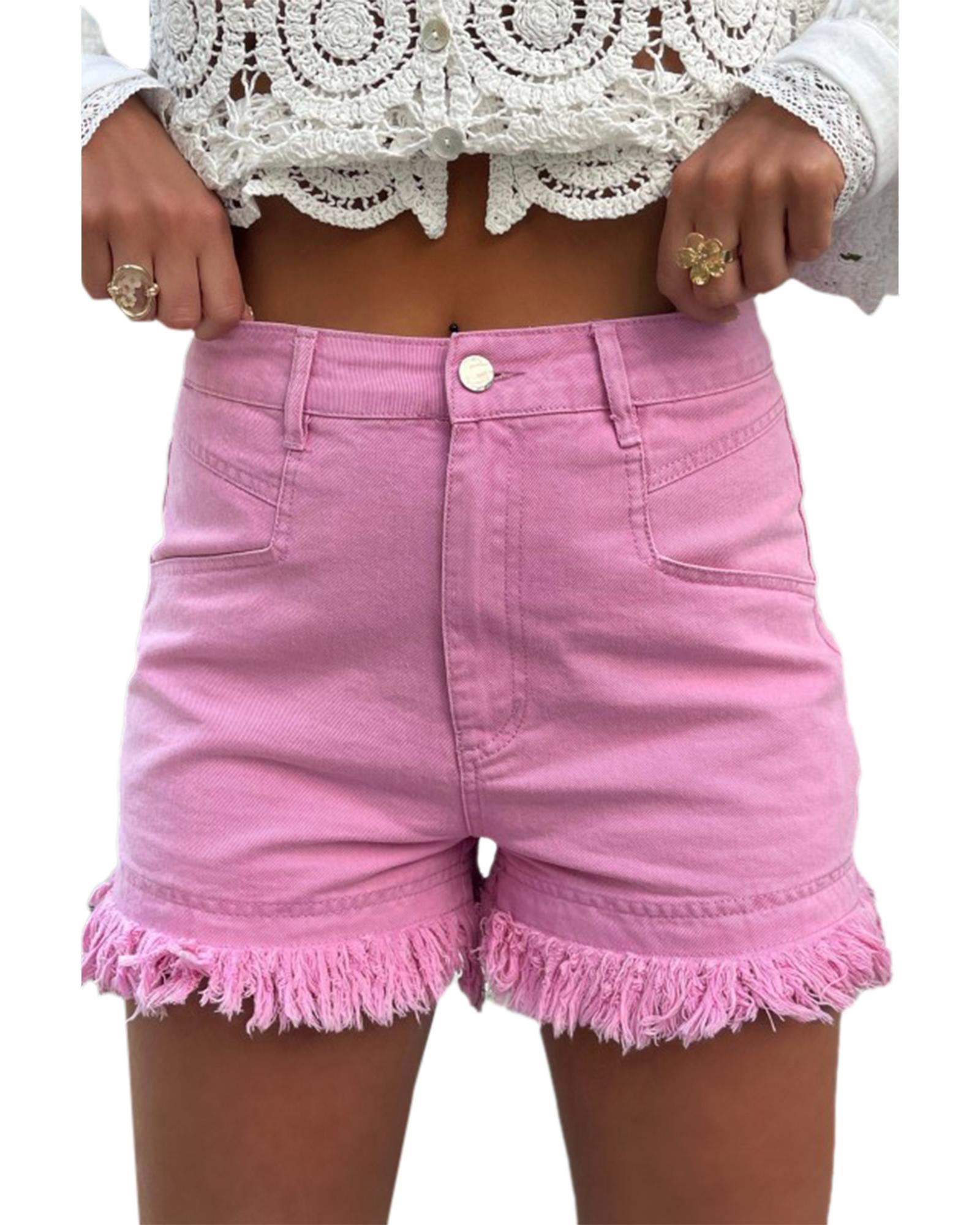 V539-AZEXDC7874772-P10-12-202508281205-00 Pink Frayed Edge Mid Rise Denim Shorts - 12 US - Image 1