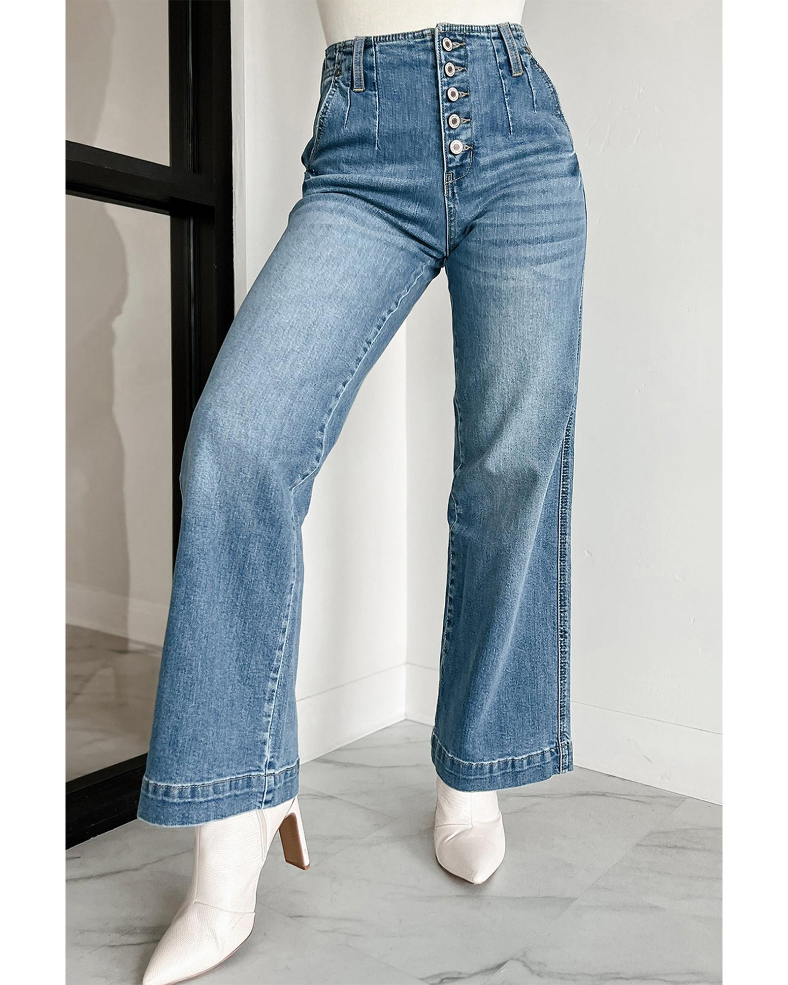 V539-AZEXDC7874862-P704-14-202508300630-00 Dusk Blue Multi Buttons Medium Wash Straight Loose Leg Jeans - 14 US - Image 1