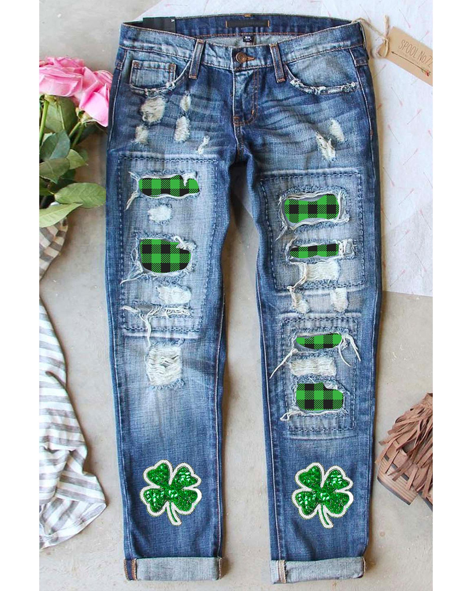 V539-AZEXDC7874867-4-4-202506151141-00 Sky Blue Glitter Clover Patch Plaid Insert Distressed Jeans - 4 US - Image 1