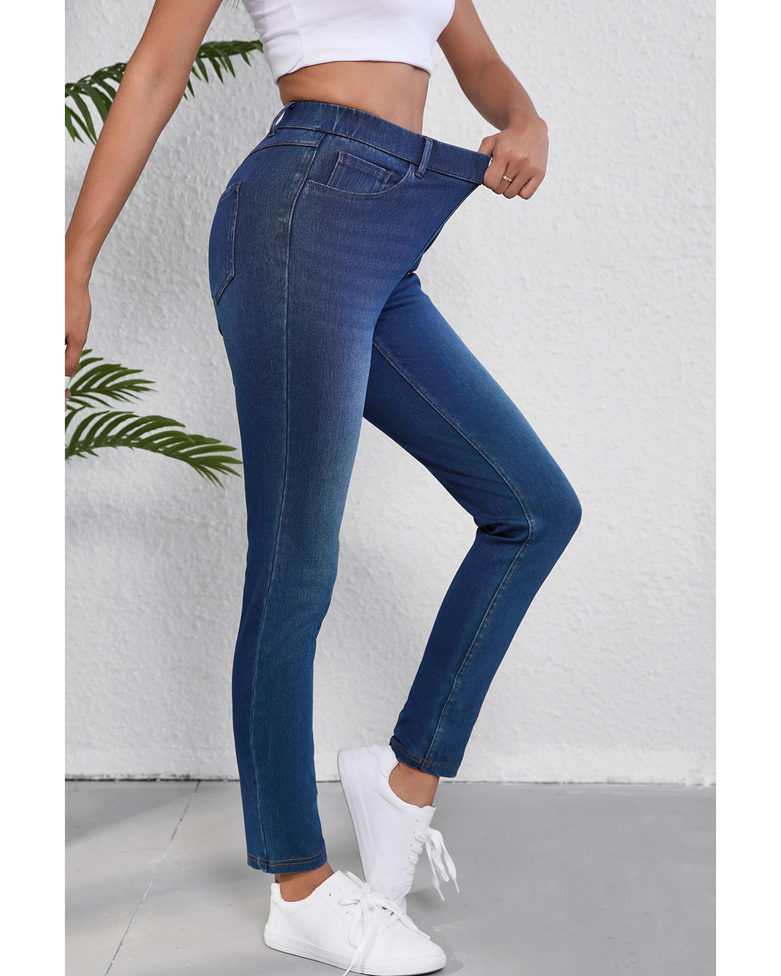 V539-AZEXDC7875069-P604-XL-202508301015-00 Ashleigh Blue Multiple Pockets Straight Leg Washed Stretchy Knit Casual Jeans - XL - Image 1