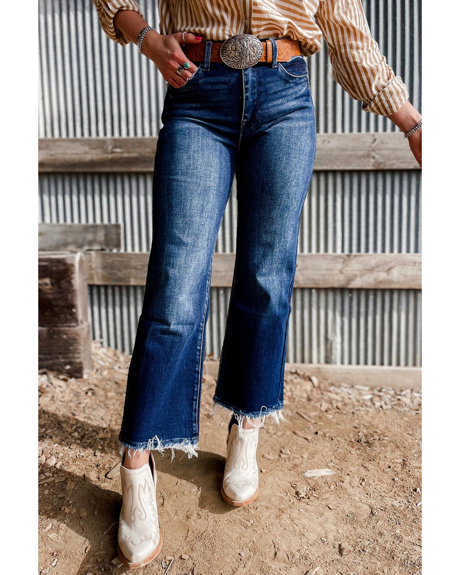 V539-AZEXDC7875084-P905-10-202508301810-00 Sail Blue Mineral Wash Raw Hem High Waist Flared Jeans - 10 US - Image 1