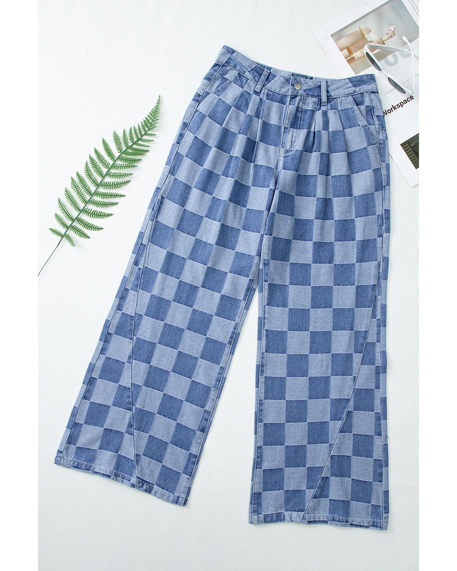 V539-AZEXDC7875123-P704-16-202508302330-00 Dusk Blue Checkered Denim Wide Leg Jeans - 16 US - Image 1