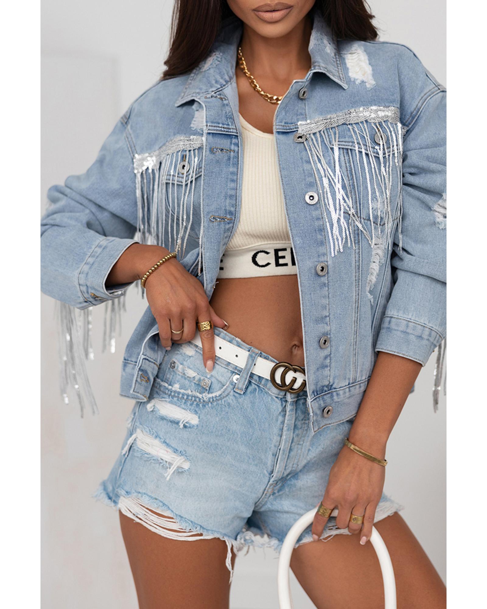 V539-AZEXDC788315-4-S-202506151147-00 Sky Blue Sequin Embellished Fringe Distressed Denim Jacket - S - Image 1