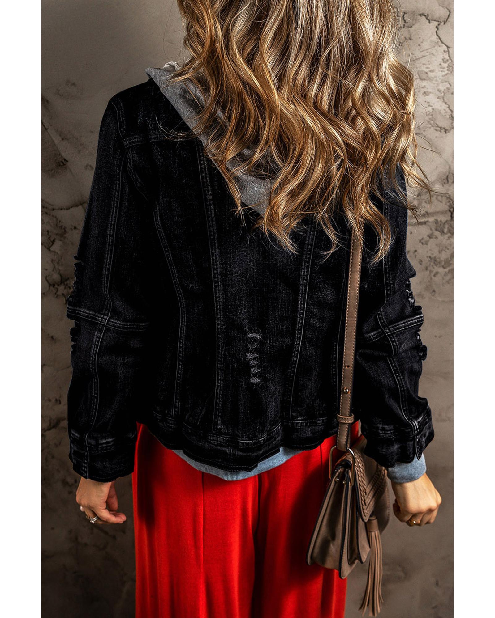 V539-AZEXDC788437-P2-L-202508280325-00 Black Fake Two-Piece Hooded Zip-Up Denim Jacket - L - Image 1