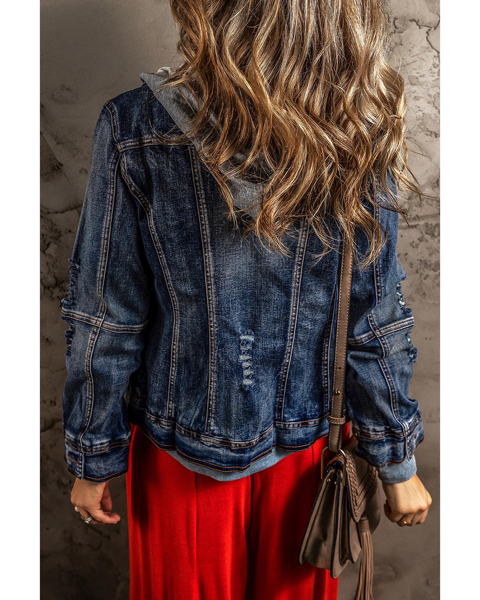 V539-AZEXDC788437-P5-2XL-202508281235-00 Dark Blue Fake Two-Piece Hooded Zip-Up Denim Jacket - 2XL - Image 1