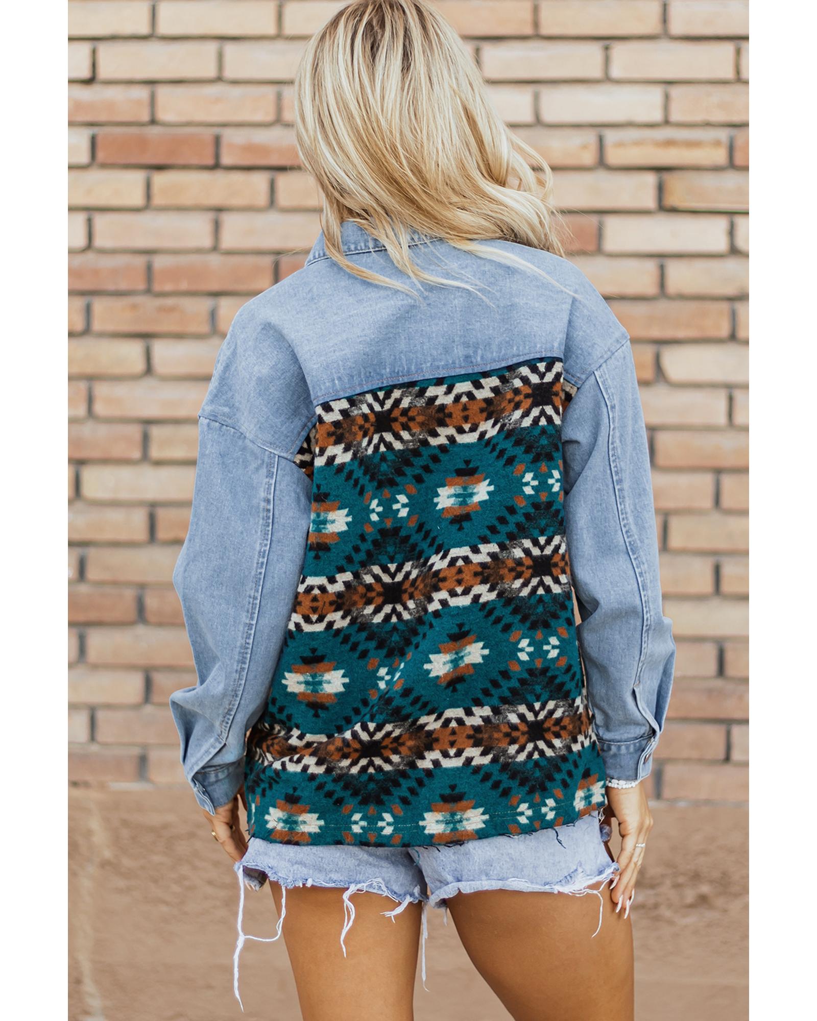 V539-AZEXDC788577-P520-S-202506151222-00 Blue Aztec Printed Denim Jacket - S - Image 1