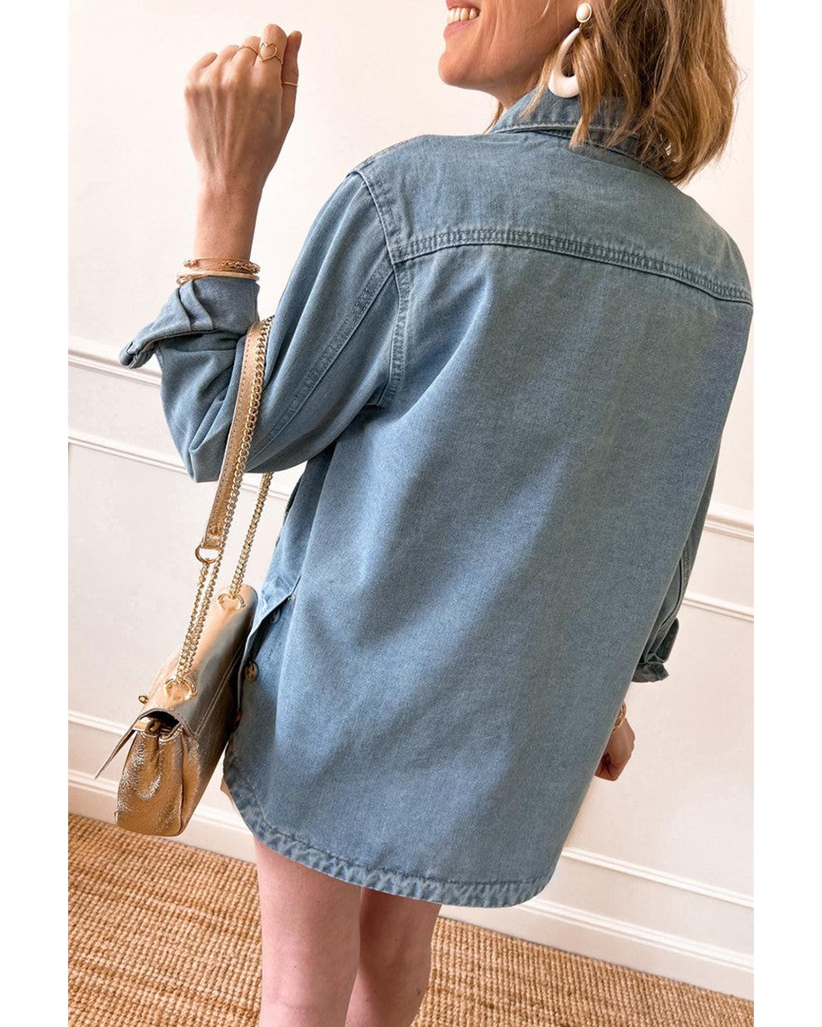 V539-AZEXDC788604-P704-M-202508302155-00 Dusk Blue Slit Buttons Pocketed Denim Jacket - M - Image 1