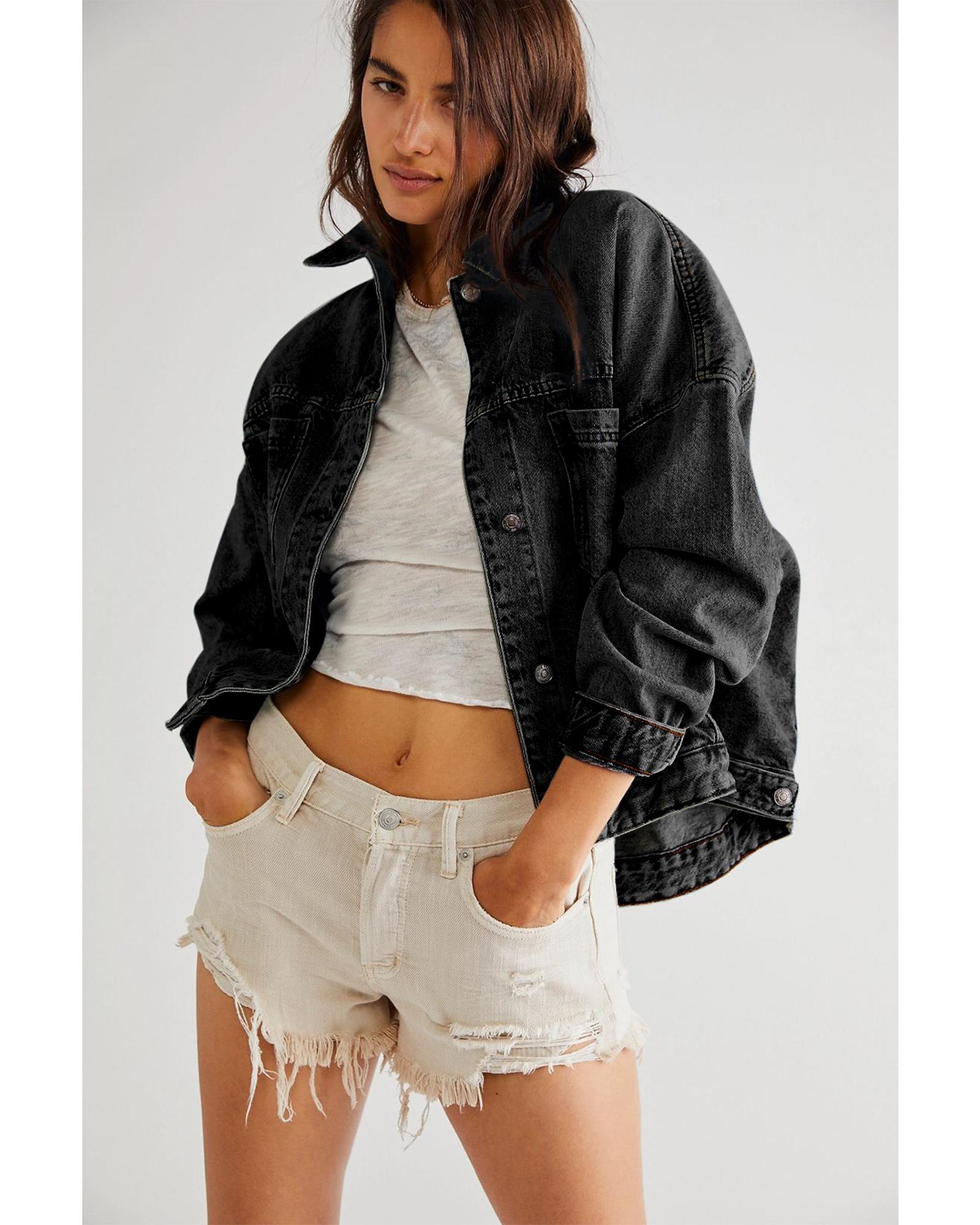 V539-AZEXDC788608-P2-S-202506191847-00 Black Washed Oversize Pocketed Denim Jacket - S - Image 1